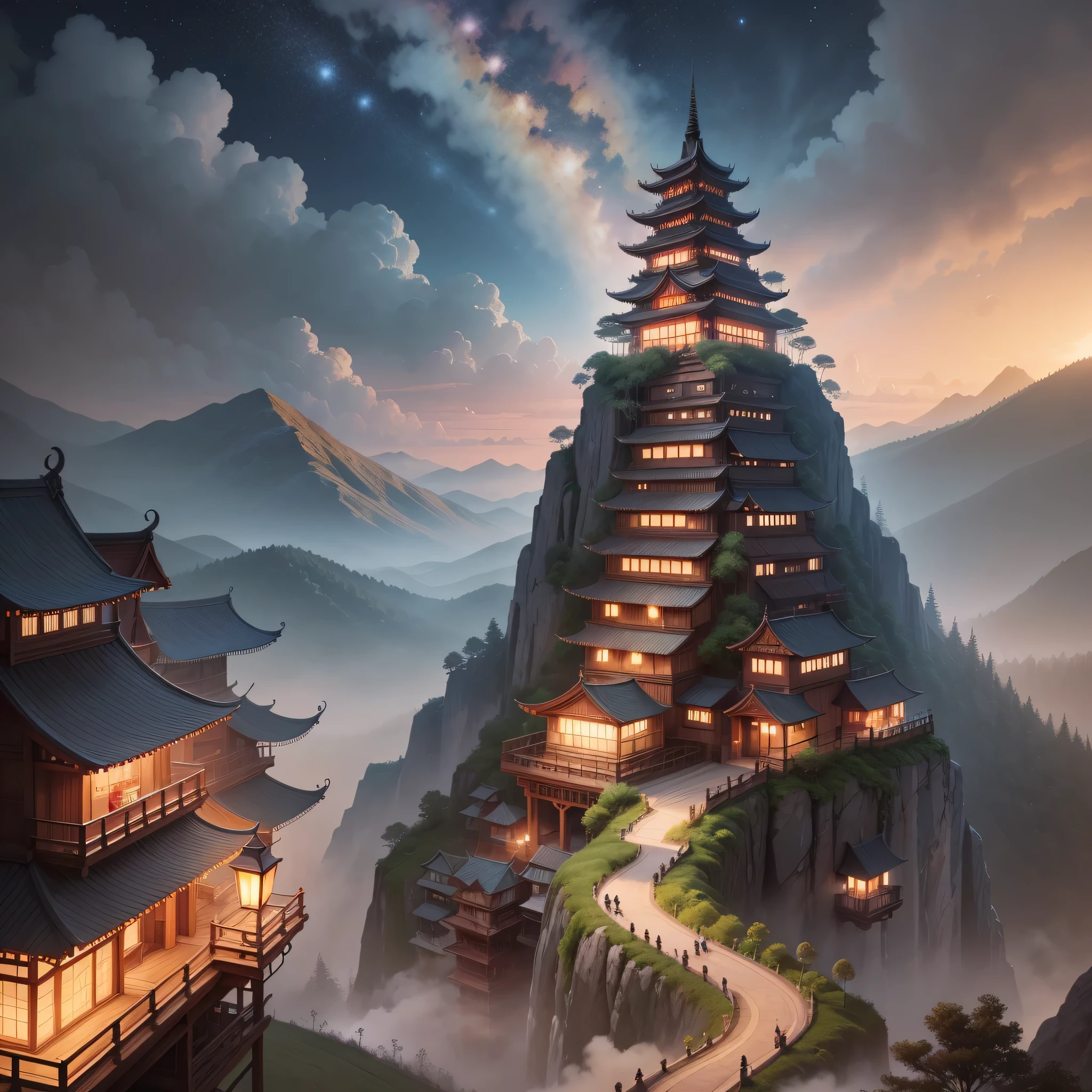 Sky, Star (Sky), landscape, Starry Sky, night, 1 girl, night Sky, alone, outdoor, cloud, Milky Way, sitting, Tree, long hair, City, Cityscape, Scenes painted by Han Gan, CG Society Competition Winners, fantasy art, Dream China Town, 中国landscape, Chinese fantasy, Chinese ink style, pin ancient City view, 令人印象深刻的奇幻landscape, 最史诗般的landscape, Pagoda on the mountain, mountain jungle environment, 头像landscape, china village,16k