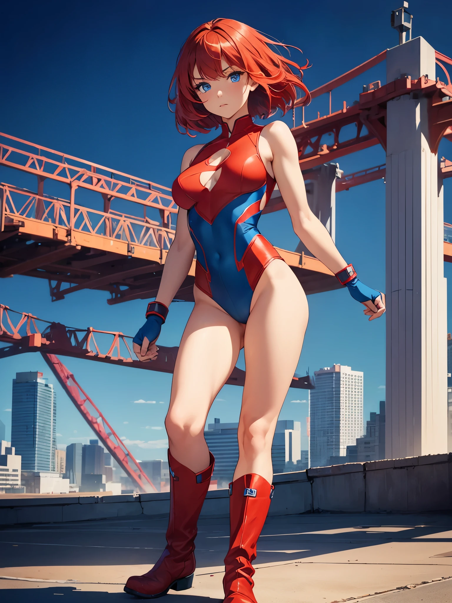 1girl, medium breasts, leotard, red leotard with blue accents, bare legs, boots, matching boots, bracelets, city backdrop, solo, single, standing, full body shot, cowboy shot, beautiful detailed eyes, blue eyes, mature lady, (red hair, bob hair), superhero