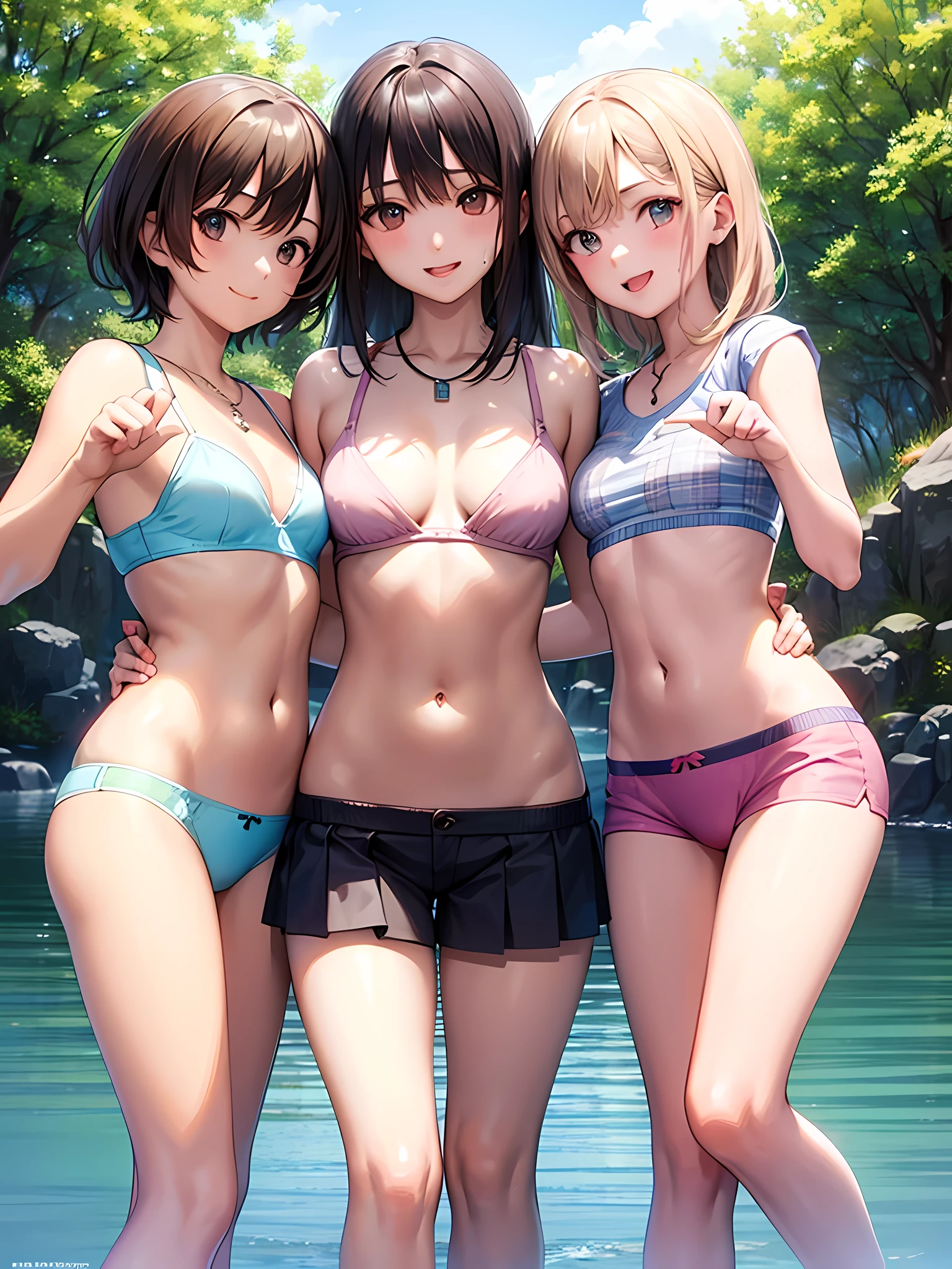 ((highest quality)), ((masterpiece)), (pretty girl), (3 girls:1.3), cute three girls are posing for a camera outdoors in the water, shirtをつかむ, stand side by side, (Close-up shot from the knee:1.3), perfect face, smile, (open your mouth and smile:1.3), embarrassed look, (precise fingers:1.3), hair band, head band, hair bobble, blouse, shirt, I can see your underwear, (pastel colored underwear), high resolution eyes, accurate eyes, (high resolution eyes:1.8), (High definition finger 1.8), light smile, small chest, chest, realistic, 4--old,years o years old, 7 years old, knee socks, short skirt, Asian, Westerners, silver hair, brown hair, blonde, belly button, jewelry, looking at the viewer, necklace, water, , Wet, long hair, short hair, abs,