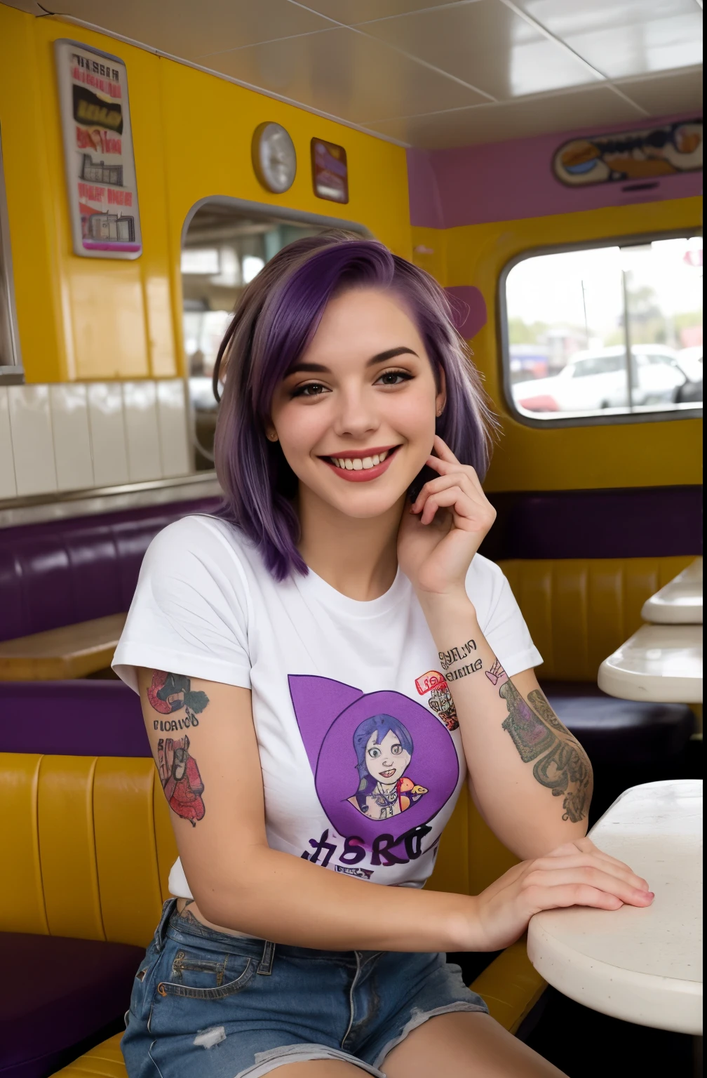 street photography photo of a young woman with purple hair, smile, happy, cute t-shirt, tattoos on her arms, sitting in a 50s diner