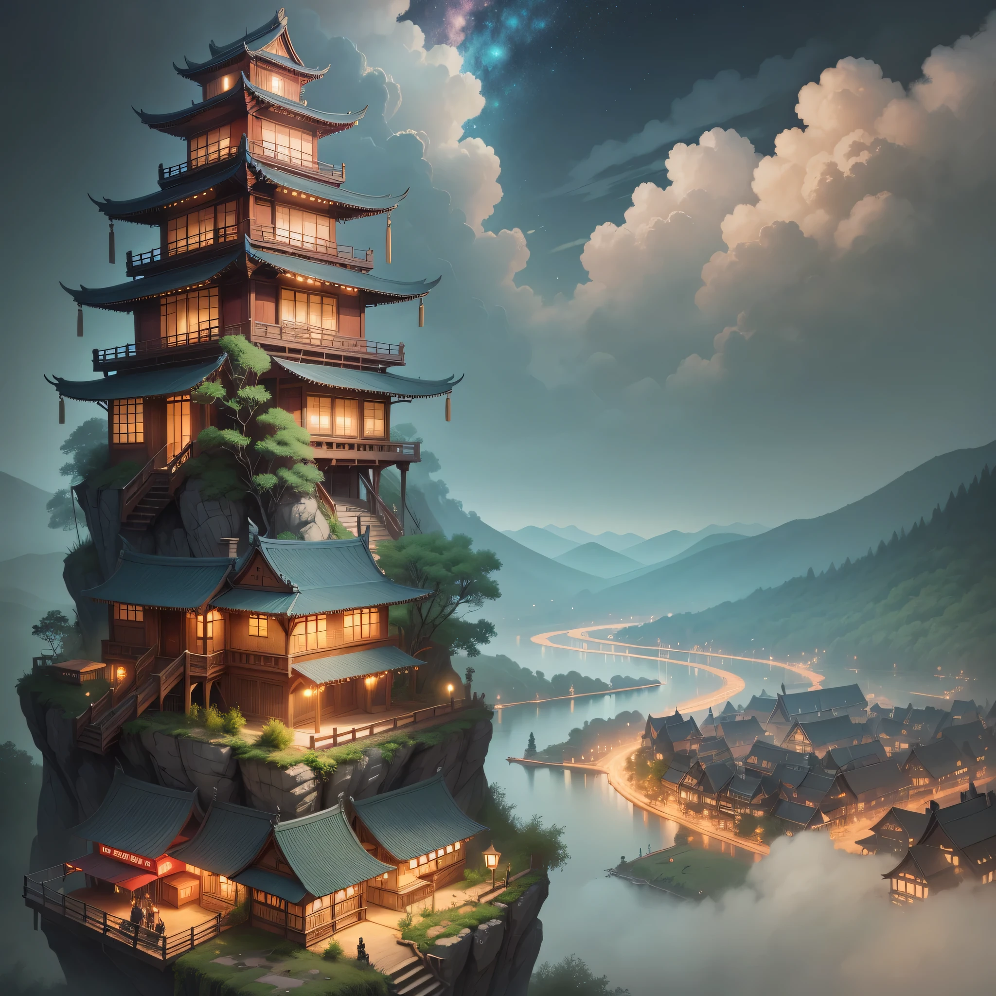 Sky, Star (Sky), landscape, Starry Sky, night, 1 girl, night Sky, alone, outdoor, cloud, Milky Way, sitting, Tree, long hair, City, Cityscape, Scenes painted by Han Gan, CG Society Competition Winners, fantasy art, Dream China Town, 中国landscape, Chinese fantasy, Chinese ink style, pin ancient City view, 令人印象深刻的奇幻landscape, 最史诗般的landscape, Pagoda on the mountain, mountain jungle environment, 头像landscape, china village,16k