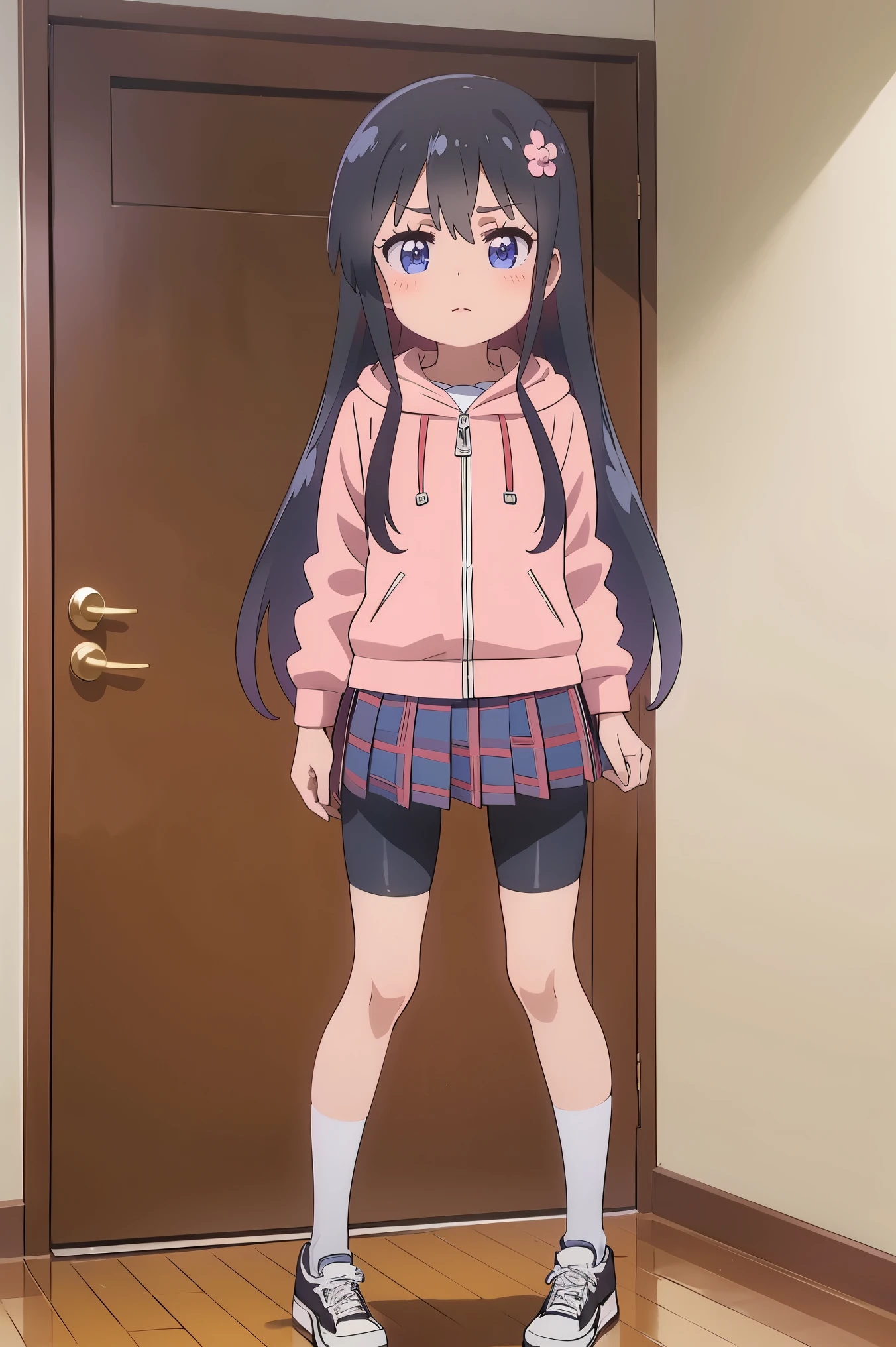 Minya Johnson, Mini Yaemori, Long hair, Bangs, Black hair, Blue hair, (Purple eyes:1.1), multicolored hair, Blunt bangs, striated hair, Ahoge,BREAK shirt, White shirt, Short sleeves, clothes writing,looking at the viewers,BREAK (masutepiece:1.2), Best Quality, High resolution, Unity 8k壁纸, (Illustration:0.8), (Beautiful detailed eyes:1.6), extra detailed face, Perfect Lighting, extremely details CG, (Perfect hands, Perfect Anatomy),Naughty big、,(white panties:1.3)、(Fully exposed panties:1.5)、(Squatting:1.3)、plein air、outside of house、、Smile with open mouth、double tooth、show the grinps、, Looking at Viewer,