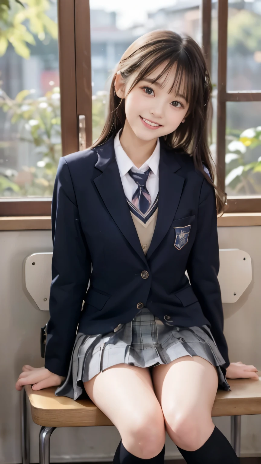 Super fine、8k、muste piece、(RAW photo:1.4)、High resolution、((Composition gradually moving away from the subject))、((Full body photo from face to ankles))、((perfect anatomy))、1 female 14 years old、detailed skin、glowing skin、baby face、double eyelid、long eyelashes、Moist eyes、small face、smile、open your mouth、Neat and clean hairstyle、school classroom、Barely、sitting in a chair、stare out the window、Natural light comes in from the windows、Dreaminess、Japanese school scenery、Have a textbook、middle School girls、blue and gray school bag、、slender and delicate body、small breasts、Blazer uniform with green lines、girls school uniform、plaid skirt、healthy、young female teenager、black tights、black tights、black knee high socks、茶色のloafers革靴、loafers、full body shot、Neat and clean hairstyle、Emphasizes the rather slender leg line