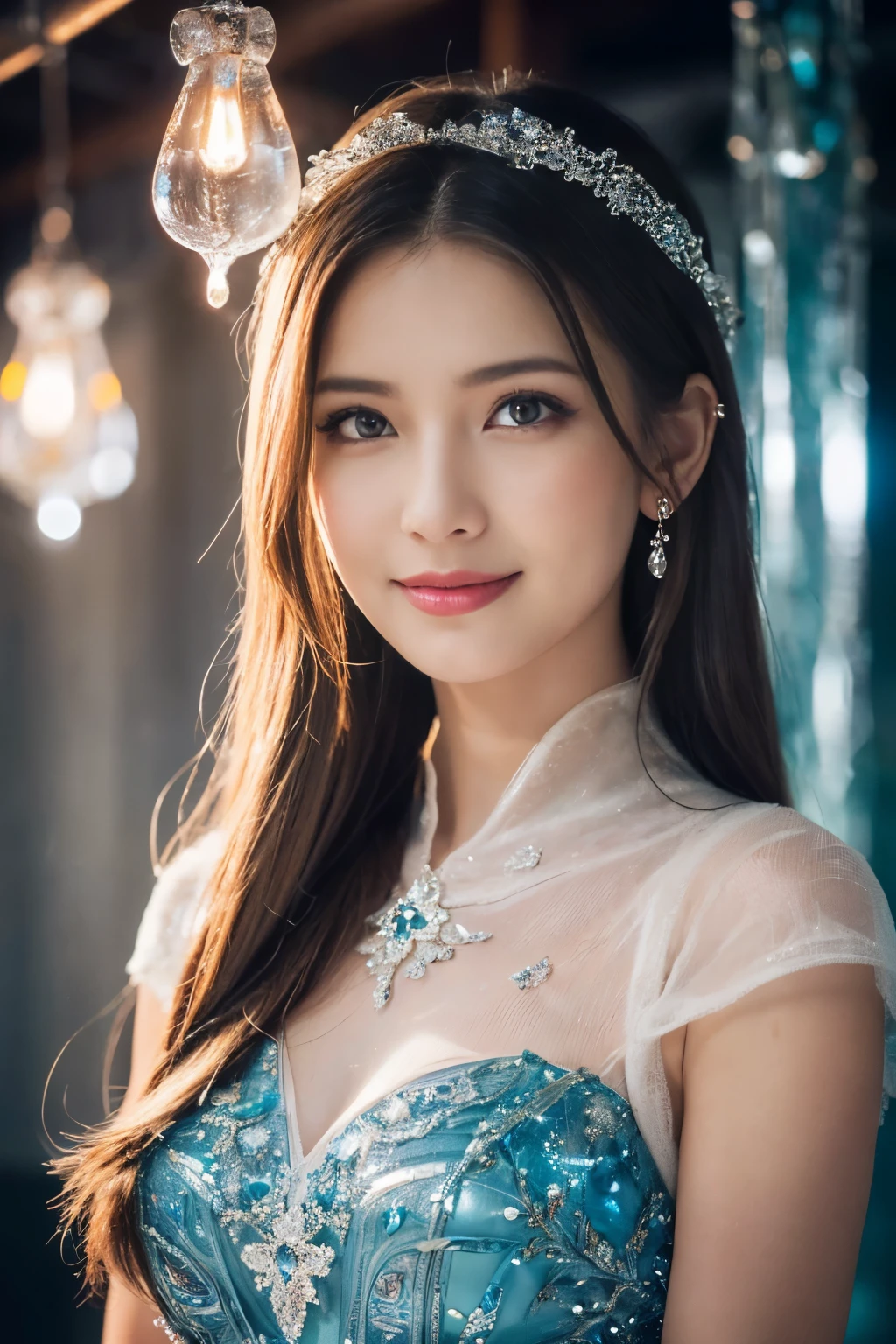 ((table top:1.4, highest quality)), (realistic pictures:1.4), 
((1 girl)), 
(超High resolution:1.2), very delicate and beautiful, wonderful, 
Highly detailed CG Unity 8K wallpaper, Super detailed, High resolution, soft light, 
beautiful detailed girl, highly detailed eyes and face, beautifully detailed nose, beautiful and detailed eyes, 
(wearing a dressed up costume:1.4),
cinematic lighting, perfect anatomy, slender body, thin chest,
(ice castle guest room, Ice Room, ice furniture, ice chandelier, lit up in the dark:1.3), (A fantastic world of ice and light, transparency of ice, The aesthetics of light refracting through ice:1.3), (A world of inorganic beauty where everything is covered in icicles and frozen.:1.3), Beautiful,
cowboy shot, looking at the viewer, smile
