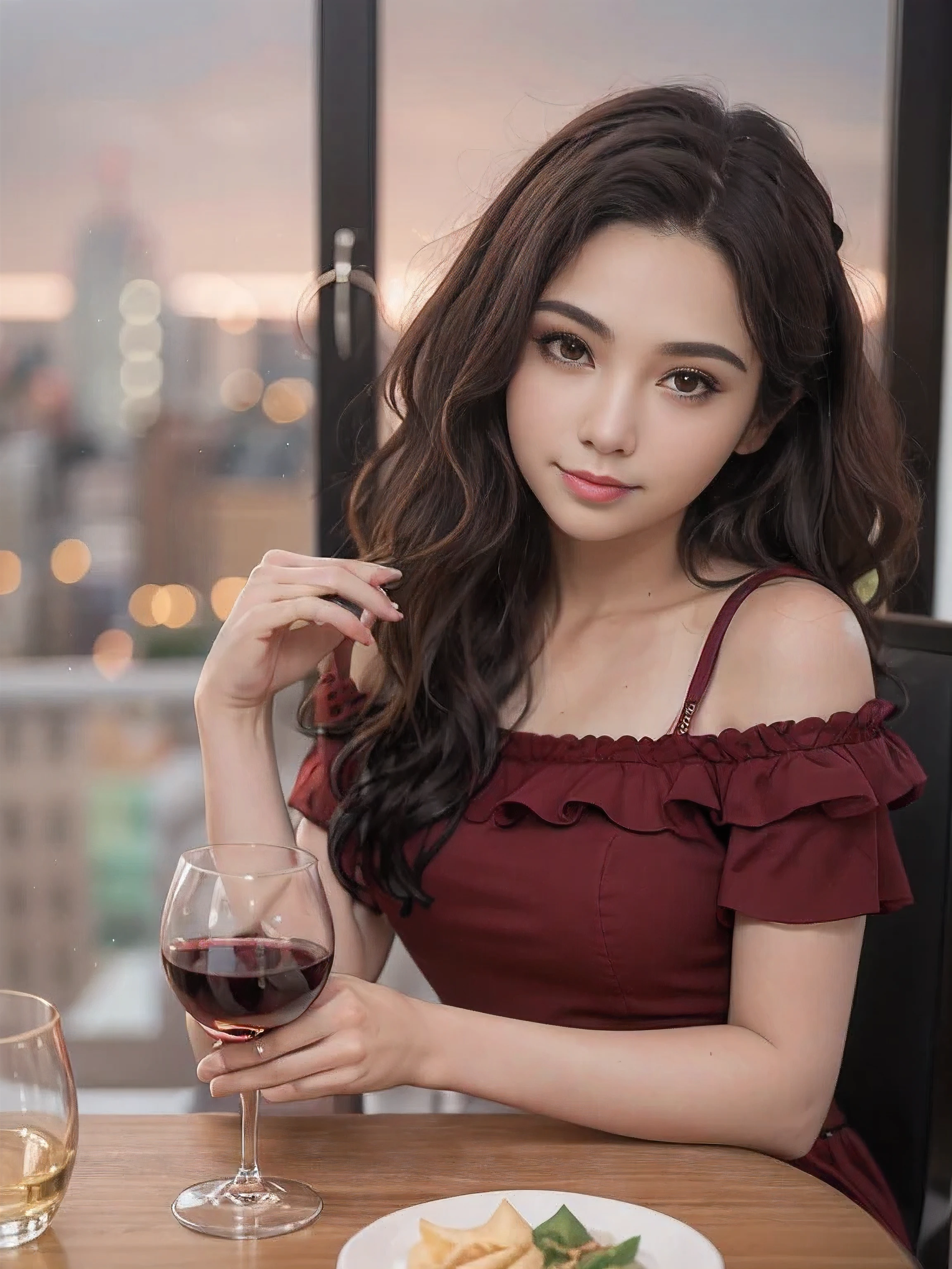 (k, ultra high definition, top quality, masterpiece: 1.2), (actual, photoactual: 1.37), depth of field, super detailed, beautiful malay woman, bronzed skin, 1 person, (face Slimming), (Slim), (black hair), long round hair, Naturally messy hair, (shortcut), Cheeks slightly red, (44 years old), 38 years old, alone, Beautiful and detailed scenery outside the window, at home, liquor杯坐, night, NovaFrogStyle is in a prominent position, actor, Model, above waist, liquor, Slim的, 红liquor杯, Super Clean night View, 红liquor杯 Put in the Middle, Happy Smile, (Smile: 1.15), beautiful fine eyes, Upper body, beat japan, night, short, short, actor, Model, above waist, liquor, Slim的, 红liquor杯, Super Clean night View, 红liquor杯 Put in the Middle, Happy Smile,