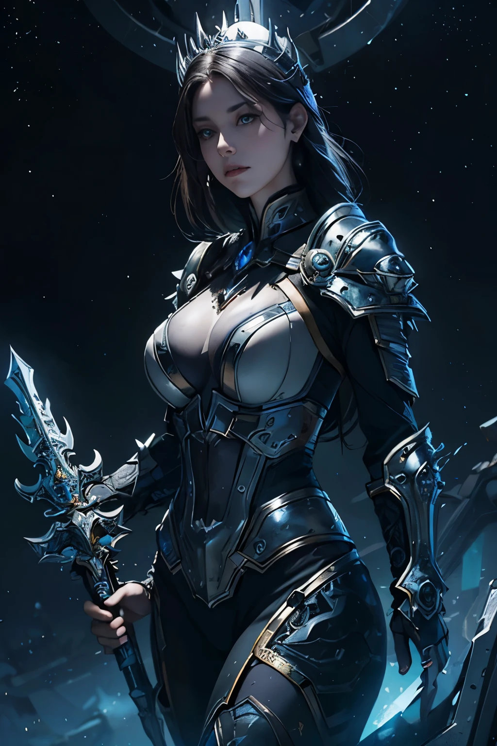 A hyper-detailed masterpiece unfolds before you, showcasing a formidable female death knight. Glassiness smoothness edges her armored exterior, interspersed with intricate filigree that gleams with an illustrious shine. Her mithral plate armor, dotted with nobleium symbols, resonates with a magical aura. The printmaking tool in her hand, blotchy from use, lingers  above her ferromagnetic shield, which is etched with interstellar warp patterns and speckled with space debris.

Her tall, imposing figure is captured dynamically in this awesome-quality image, as she stares intently into the distance