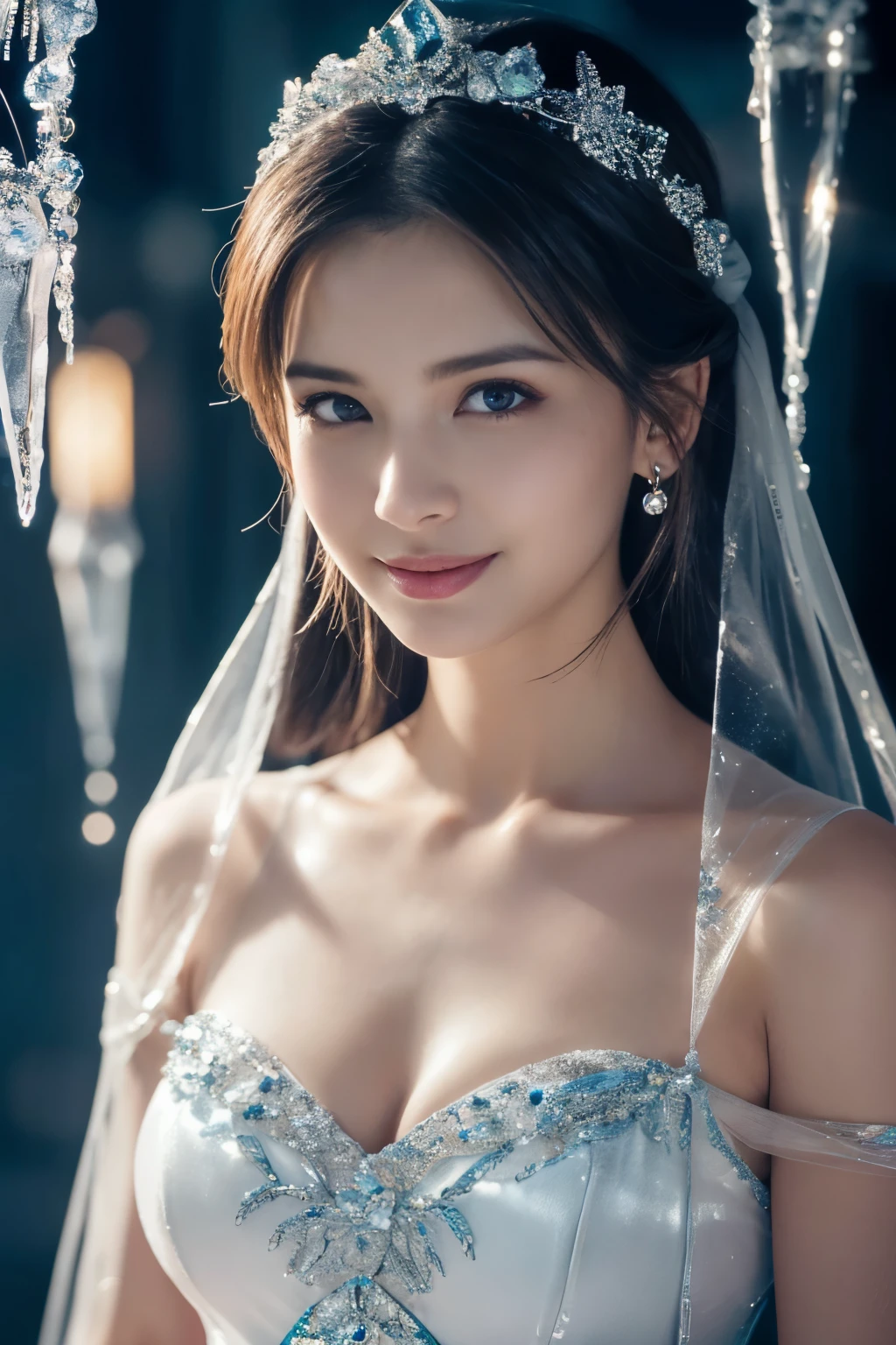 ((table top:1.4, highest quality)), (realistic pictures:1.4), 
((1 girl)), 
(超High resolution:1.2), very delicate and beautiful, wonderful, 
Highly detailed CG Unity 8K wallpaper, Super detailed, High resolution, soft light, 
beautiful detailed girl, highly detailed eyes and face, beautifully detailed nose, beautiful and detailed eyes, 
(wearing a dressed up costume:1.4),
cinematic lighting, perfect anatomy, slender body, thin chest,
(ice castle guest room, Ice Room, ice furniture, ice chandelier, lit up in the dark:1.3), (A fantastic world of ice and light, transparency of ice, The aesthetics of light refracting through ice:1.3), (A world of inorganic beauty where everything is covered in icicles and frozen.:1.3), Beautiful,
cowboy shot, looking at the viewer, smile
