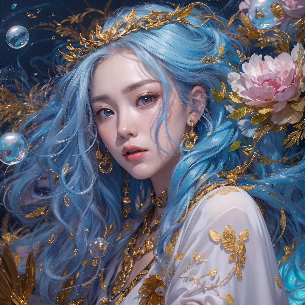 red blue color,enamel,agate,A flesh-colored world,Blood Blue Maiden 32k(masterpiece,HD,Aoyama Pond,超HD,32k)long flowing bright blue hair,blood pool,Ziddink, a color,grumpy (After greeting), (Linen scarf), fighting stance, looking at the ground, long white hair, Floating bright blue, Fire cloud gold headdress, Chinese long-sleeved gold silk burgundy garment, (Abstract metaverse splash:1.2), White background,Peony flower vitality protector(realistically:1.4),bright purple hair,Smoke on the road,The background is very pure, high resolution, detail, RAW photos, Sharp Re, Nikon D850 film photo by Jefferies Lee 4 Kodak Portra 400 camera F1.6 guns, colorful, Ultra-realistic and vivid textures, dramatic lighting, Unreal Engine Art Station Trend, Sinest 800,一个有着long flowing bright blue hair的女孩,huge colorful bubbles