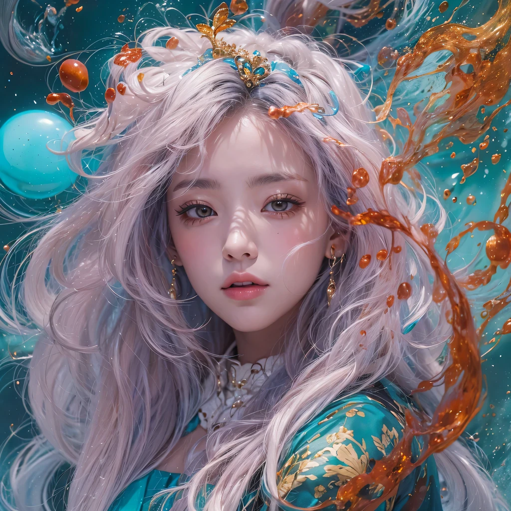 red blue color，enamel，agate，A flesh-colored world，Blood Blue Maiden 32k（masterpiece，HD，Aoyama Pond，超HD，32k）long flowing bright blue hair，blood pool，Ziddink， a color，grumpy （After greeting）， （Linen scarf）， fighting stance， looking at the ground， long white hair， Floating bright blue， Fire cloud gold headdress， Chinese long-sleeved gold silk burgundy garment， （Abstract metaverse splash：1.2）， White background，Peony flower vitality protector（realistically：1.4），bright purple hair，Smoke on the road，The background is very pure， high resolution， detail， RAW photos， Sharp Re， Nikon D850 film photo by Jefferies Lee 4 Kodak Portra 400 camera F1.6 guns, colorful, Ultra-realistic and vivid textures, dramatic lighting, Unreal Engine Art Station Trend, Sinest 800，一个有着long flowing bright blue hair的女孩，huge colorful bubbles