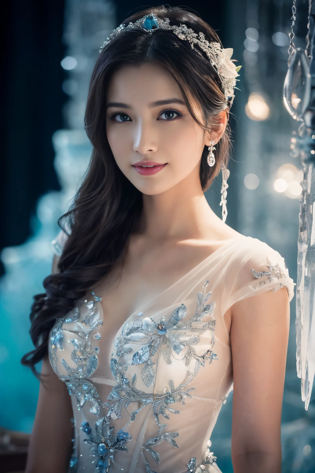 ((table top:1.4, highest quality)), (realistic pictures:1.4), 
((1 girl)), 
(超High resolution:1.2), very delicate and beautiful, wonderful, 
Highly detailed CG Unity 8K wallpaper, Super detailed, High resolution, soft light, 
beautiful detailed girl, highly detailed eyes and face, beautifully detailed nose, beautiful and detailed eyes, 
(wearing a dressed up costume:1.4),
cinematic lighting, perfect anatomy, slender body, thin chest,
(ice castle guest room, Ice Room, ice furniture, ice chandelier, lit up in the dark:1.3), (A fantastic world of ice and light, transparency of ice, The aesthetics of light refracting through ice:1.3), (A world of inorganic beauty where everything is covered in icicles and frozen.:1.3), Beautiful,
cowboy shot, looking at the viewer, smile
