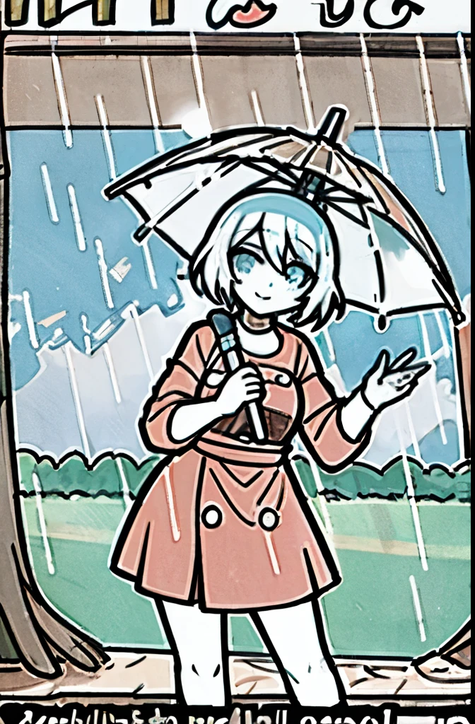 reporter, reporter on rain, weather girl, weather reporter, microphone, rainning, by bestiary_style, masterpiece, best quality, text, watermark, solo,