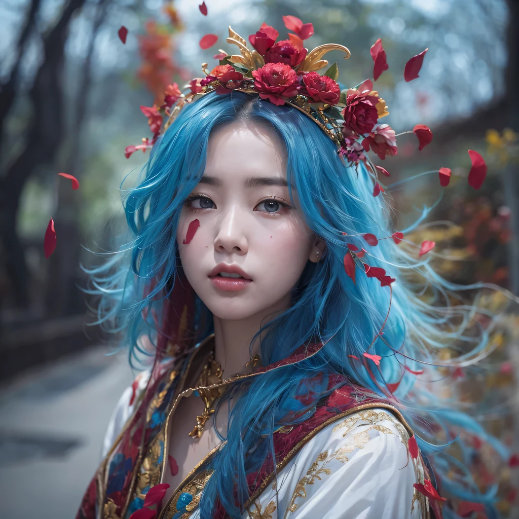 Yellow blue colors,enamel,agate,A flesh-colored world,Blood Blue Maiden 32k(masterpiece,HD,Aoyama Pond,超HD,32k)long flowing bright blue hair,blood pool,Ziddink, a color,grumpy (After greeting), (Linen scarf), fighting stance, looking at the ground, long white hair, Floating bright blue, Fire cloud gold headdress, Chinese long-sleeved gold silk burgundy garment, (Abstract metaverse splash:1.2), White background,Peony flower vitality protector(realistically:1.4),bright purple hair,Smoke on the road,The background is very pure, high resolution, detail, RAW photos, Sharp Re, Nikon D850 film photo by Jefferies Lee 4 Kodak Portra 400 camera F1.6 guns, colorful, Ultra-realistic and vivid textures, dramatic lighting, Unreal Engine Art Station Trend, Sinest 800,一个有着long flowing bright blue hair的女孩,huge colorful bubbles