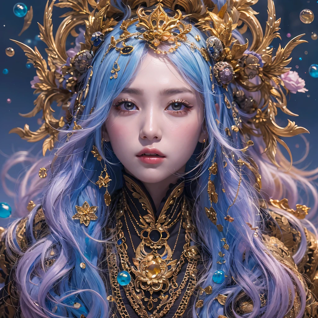 Yellow blue colors,enamel,agate,A flesh-colored world,Blood Blue Maiden 32k(masterpiece,HD,Aoyama Pond,超HD,32k)long flowing bright blue hair,blood pool,Ziddink, a color,grumpy (After greeting), (Linen scarf), fighting stance, looking at the ground, long white hair, Floating bright blue, Fire cloud gold headdress, Chinese long-sleeved gold silk burgundy garment, (Abstract metaverse splash:1.2), White background,Peony flower vitality protector(realistically:1.4),bright purple hair,Smoke on the road,The background is very pure, high resolution, detail, RAW photos, Sharp Re, Nikon D850 film photo by Jefferies Lee 4 Kodak Portra 400 camera F1.6 guns, colorful, Ultra-realistic and vivid textures, dramatic lighting, Unreal Engine Art Station Trend, Sinest 800,一个有着long flowing bright blue hair的女孩,huge colorful bubbles