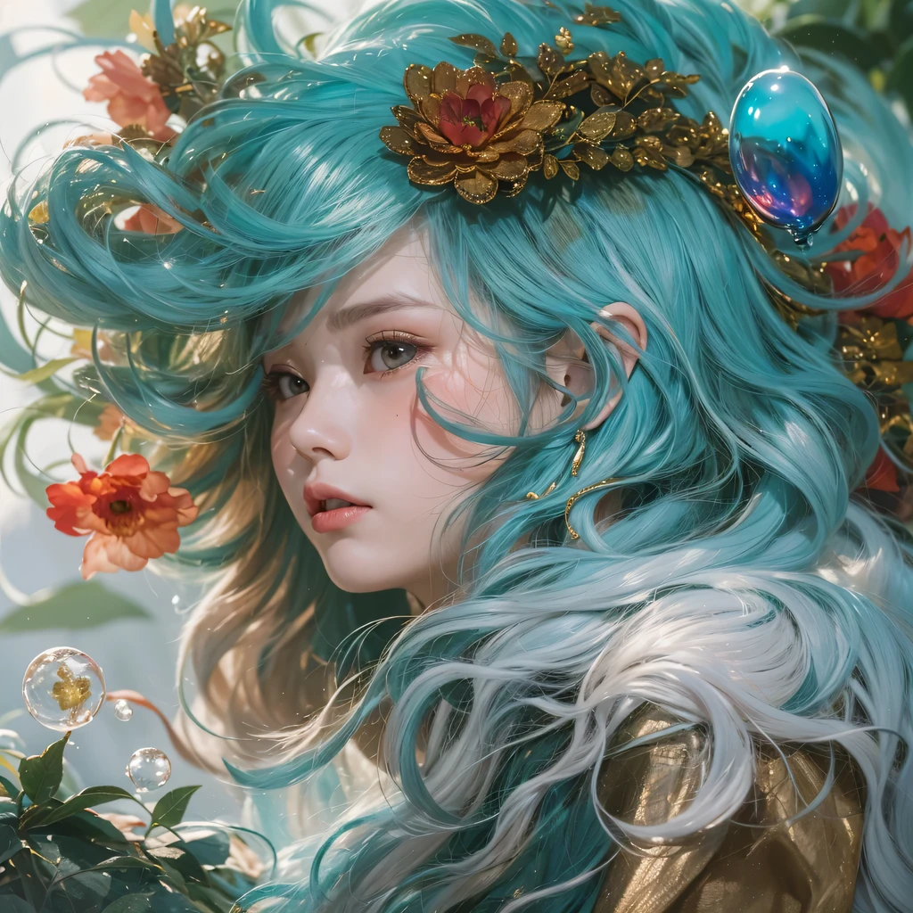 Yellow blue colors,enamel,agate,A flesh-colored world,Blood Blue Maiden 32k(masterpiece,HD,Aoyama Pond,超HD,32k)long flowing bright blue hair,blood pool,Ziddink, a color,grumpy (After greeting), (Linen scarf), fighting stance, looking at the ground, long white hair, Floating bright blue, Fire cloud gold headdress, Chinese long-sleeved gold silk burgundy garment, (Abstract metaverse splash:1.2), White background,Peony flower vitality protector(realistically:1.4),bright purple hair,Smoke on the road,The background is very pure, high resolution, detail, RAW photos, Sharp Re, Nikon D850 film photo by Jefferies Lee 4 Kodak Portra 400 camera F1.6 guns, colorful, Ultra-realistic and vivid textures, dramatic lighting, Unreal Engine Art Station Trend, Sinest 800,一个有着long flowing bright blue hair的女孩,huge colorful bubbles