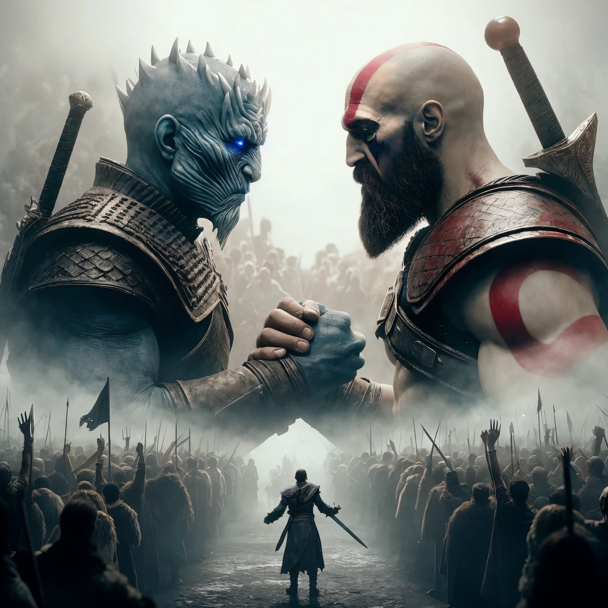 realistic photo details, the characters nightking (movie GAME OF THRONES) and kratos face each other very close to the background of solid people and fog. The two main characters are seen facing each other, the Nightking character holds two swords on his back, while the Kratos character has a red weapon on his back. The background of the photo is a crowd of supporters of both sides raising their hands, the atmosphere is tense and mysterious, the cinematic introduces