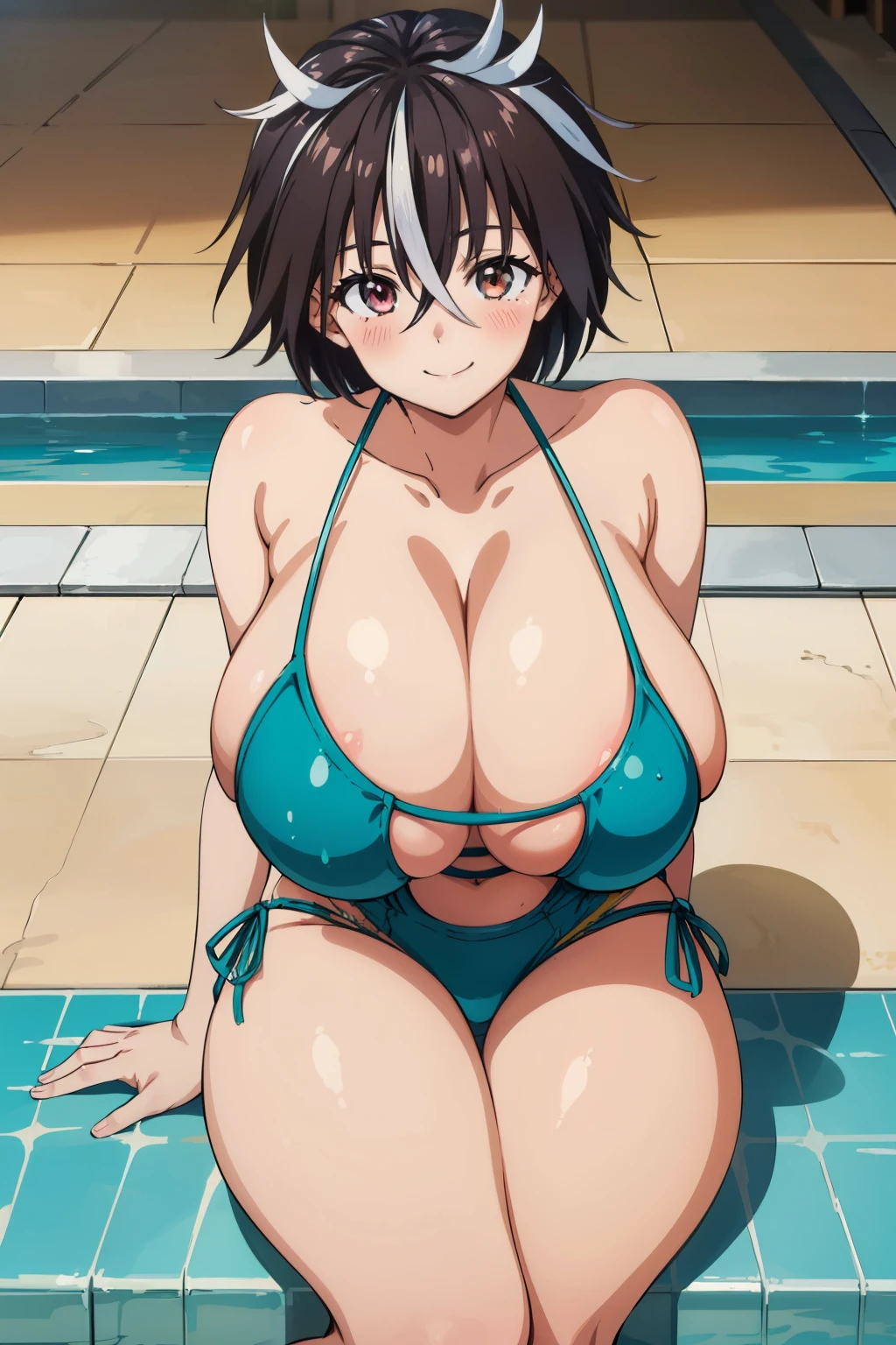 masterpiece, best quality, high resolution, anime screencap, 2D, anime cels, anime colored, best quality, high resolution, crowd, poolside, (huge breasts:1.2), blue competition swimsuit, sitting, 1girl, blush,embarrassed, smile, looking at viewer