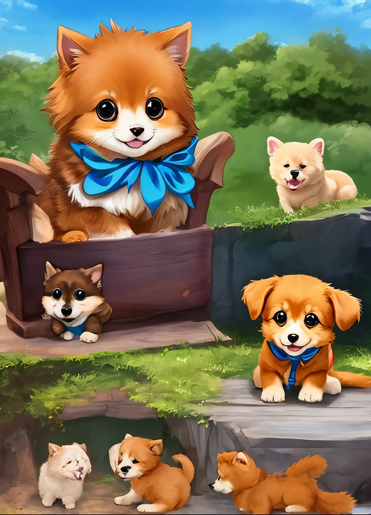 Heals、A cute smiling puppy、With loose characters、Please draw in anime style。