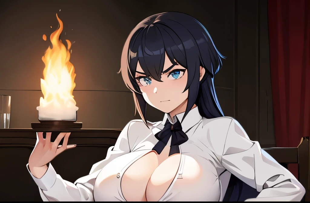 Meisterwerk, best quality, Gwendolyn_Tennyson, 1girl, Allein, white pants, long sleeve , Sitzung, Lagerfeuer, warme Beleuchtung , Hand auf das eigene Gesicht , annoyed, Kopfneigung, zur Seite schauen, Huge breasts,zerrissenes shirt, boob out