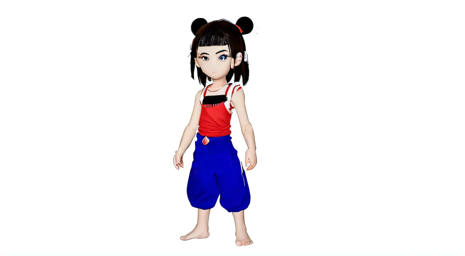 8 year old boy,Brunette ball head,red bellyband,dark blue pants,barefoot,Full body like a single character full body, full body single character, anime characters, full body character, Characters in anime style, Young anime boy, Complete character ontology, an anime boy, Whole body and clothes, Character's natural posture, The character is standing, whole body posture