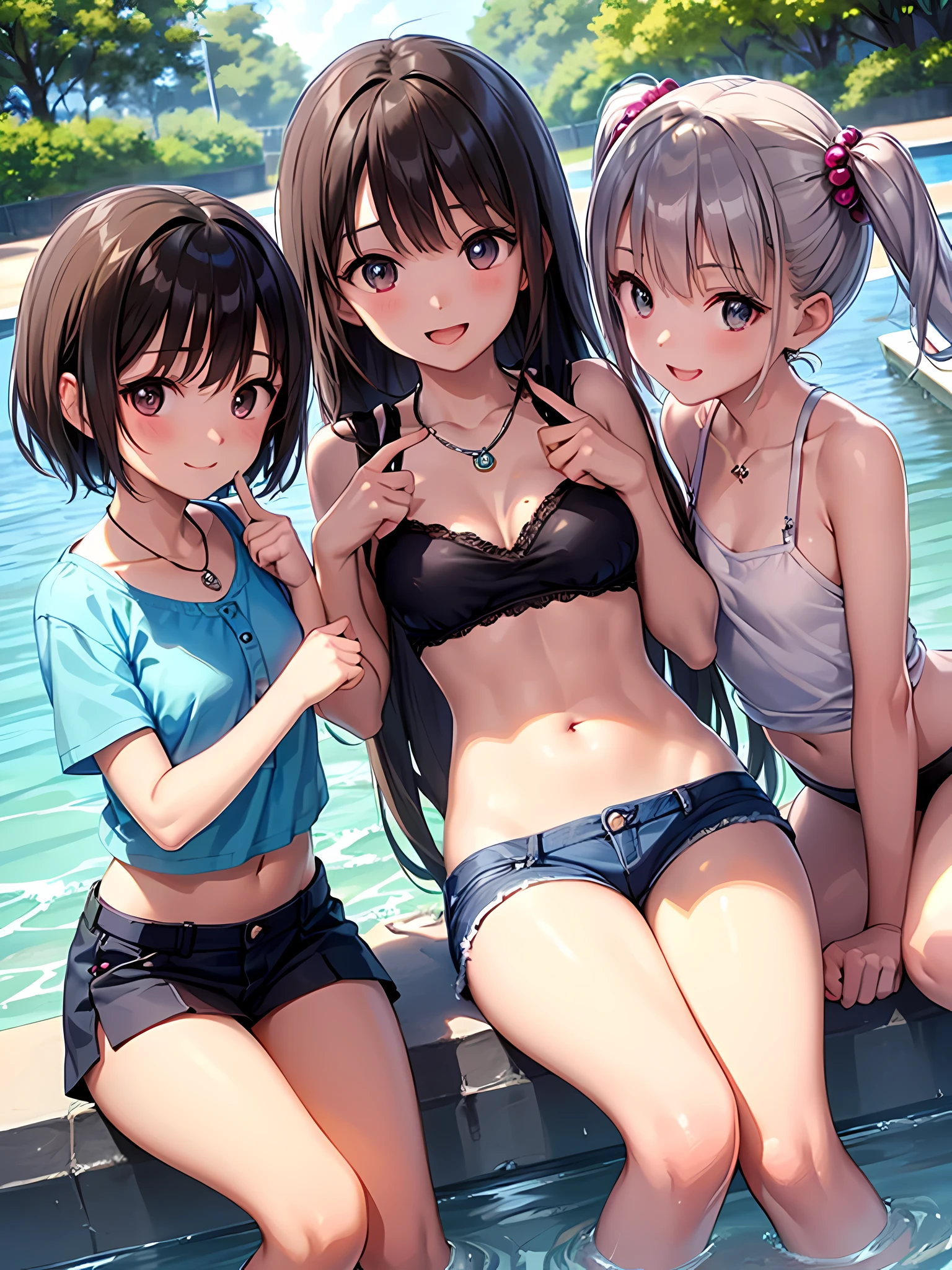 ((highest quality)), ((masterpiece)), (), (3 girls:1.3), cute three girls are posing for a camera outdoors in the water, shirtをつかむ, stand side by side, (Close-up shot from the knee:1.3), perfect face, smile, (open your mouth and smile:1.3), embarrassed look, (precise fingers:1.3), hair band, head band, hair bobble, blouse, shirt, I can see your underwear, (pastel colored underwear), high resolution eyes, accurate eyes, (high resolution eyes:1.8), (High definition finger 1.8), light smile, small chest, chest, realistic, 4-year-old, 5 yeold, ears ols old, knee s short skirt, Asian, Westerners, silver hair, brown hair, blonde, belly button, jewelry, looking at the viewer, necklace, water, , Wet, long hair, short hair, abs,