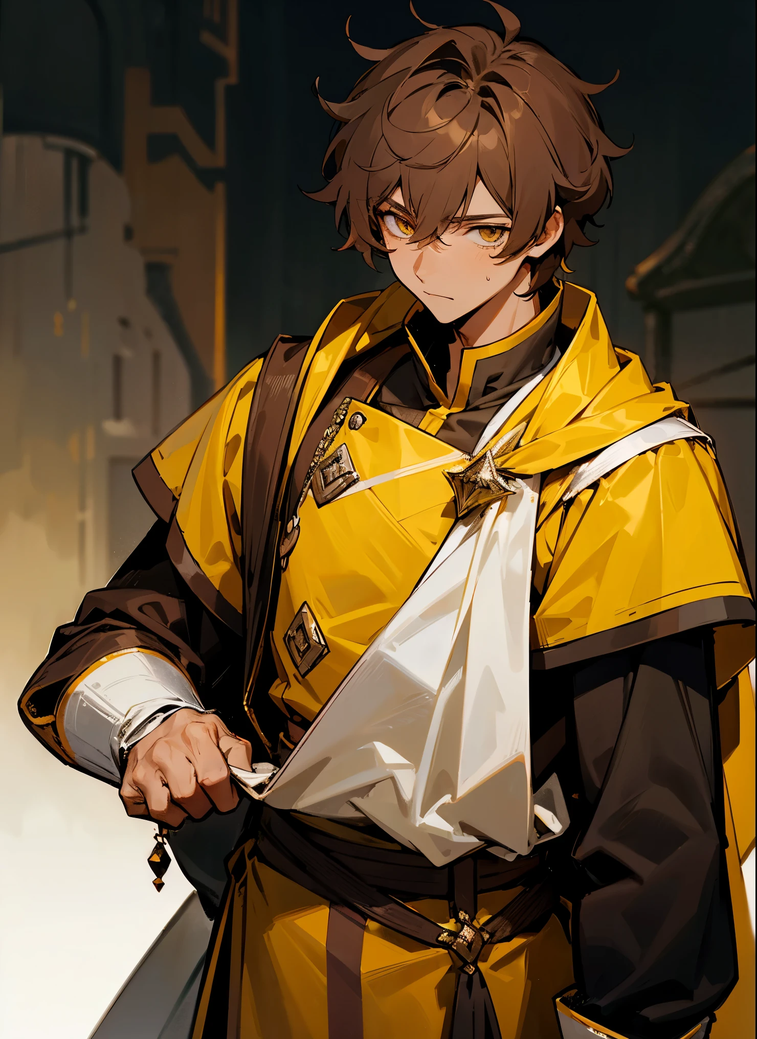 1male , Brown Hair , Yellow Royal Guard Clothing , Silver Eyes , Tan Skin , Adult Male , Messy Hair