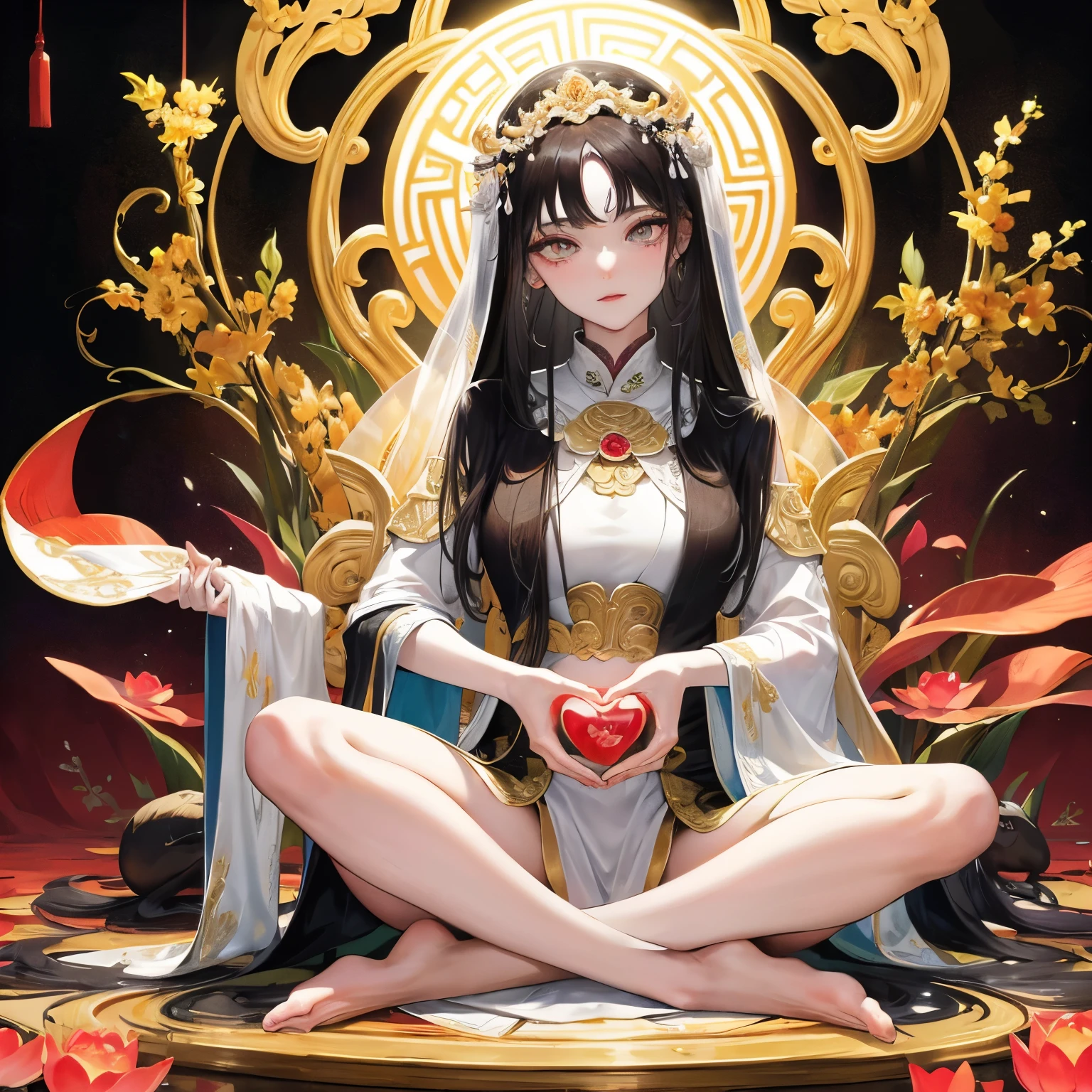 Highest quality masterpiece, ultra high resolution image, intricate and detailed background, an exquisite tableau of ancient Chinese landscapes, lotus ponds shimmering under the moonlight, ornate temples adorned with fine white lotus ornaments, a serene and infinitely merciful Guanyin Bodhisattva, gracefully seated with legs crossed, clad in a white silk robe and white legwear, her long dark hair cascading down, pale white face framed by black pupils, her heart filled with infinite compassion for the suffering Pudu sentient beings, her gaze focused on the faithful in the temple, her gaze piercing through the veil of time and space,