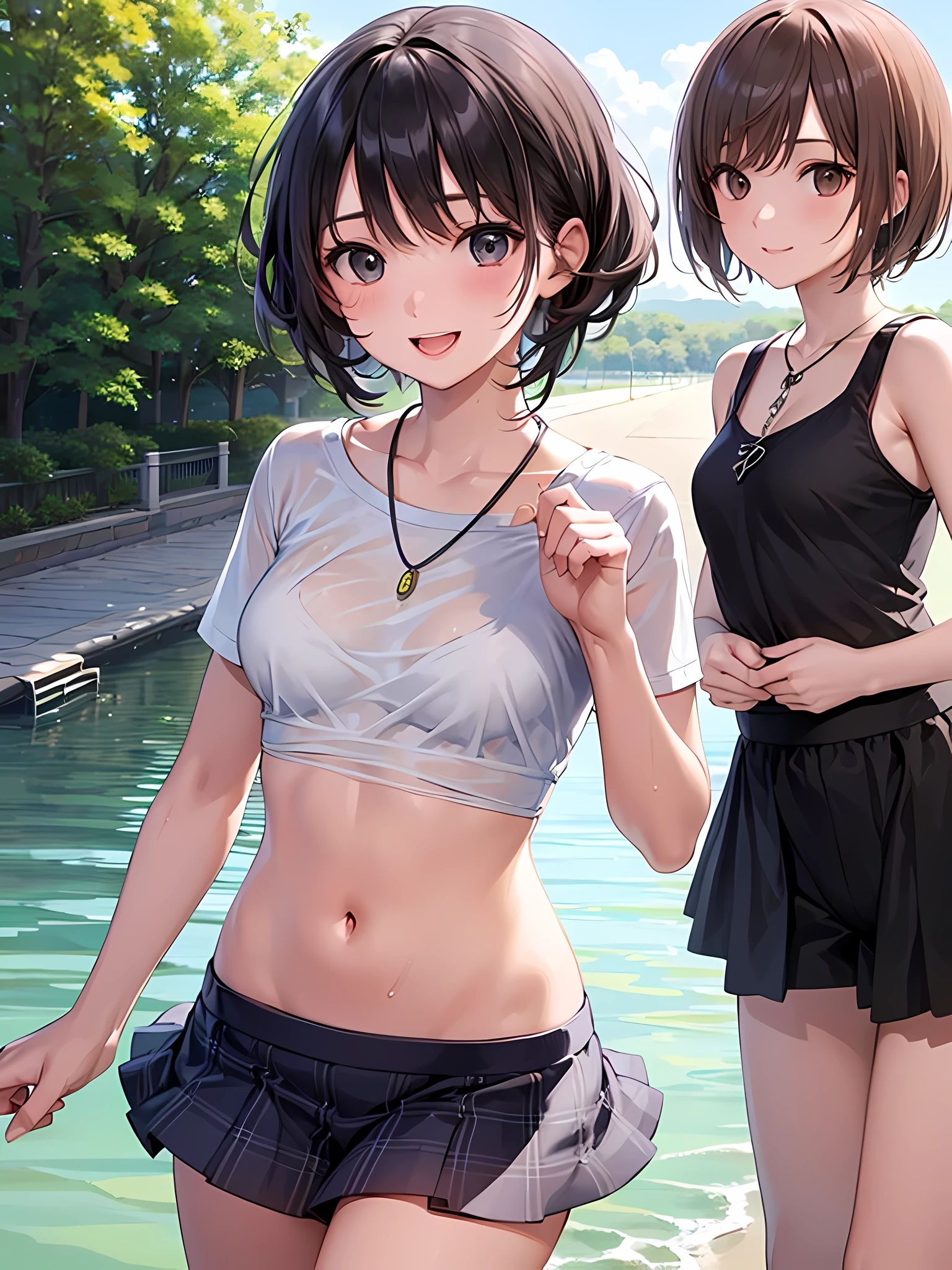 ((highest quality)), ((masterpiece)), (Cute baby girl), (3 girls:1.3), cute three girls are posing for a camera outdoors in the water, shirtをつかむ, stand side by side, (Close-up shot from the knee:1.3), perfect face, smile, (open your mouth and smile:1.3), embarrassed look, (precise fingers:1.3), hair band, head band, hair bobble, blouse, shirt, I can see your underwear, (pastel colored underwear), high resolution eyes, accurate eyes, (high resolution eyes:1.8), (High definition finger 1.8), light smile, small chest, chest, realistic, 4-year-old, 5 years old, 6 years old, 7 years old, knee socks, short skirt, Asian, Westerners, silver hair, brown hair, blonde, belly button, jewelry, looking at the viewer, necklace, water, , Wet, long hair, short hair, abs,