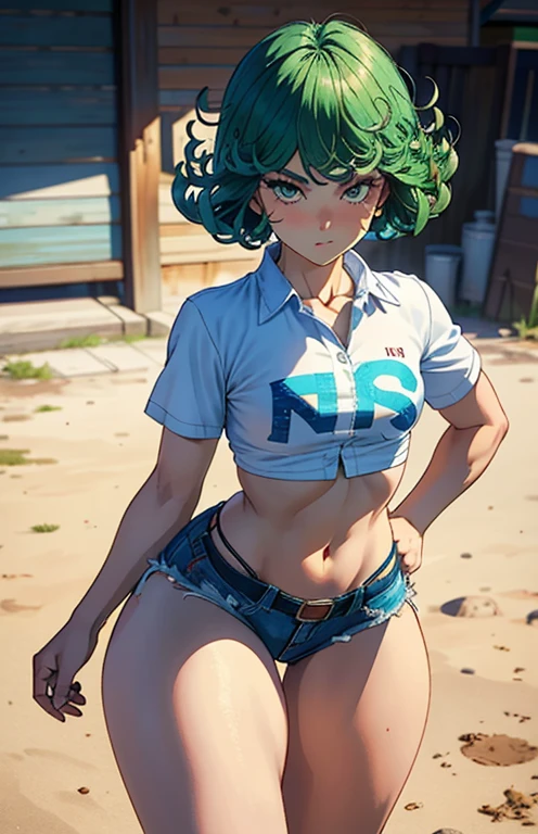 (masterpiece, best quality:1.2), cowboy shot, solo, 1girl, tatsumaki, lustful, closed mouth, looking at the viewer, ass, wide hips, shirt, short shorts, thong, squats, legs spread, blue sky, erotica,