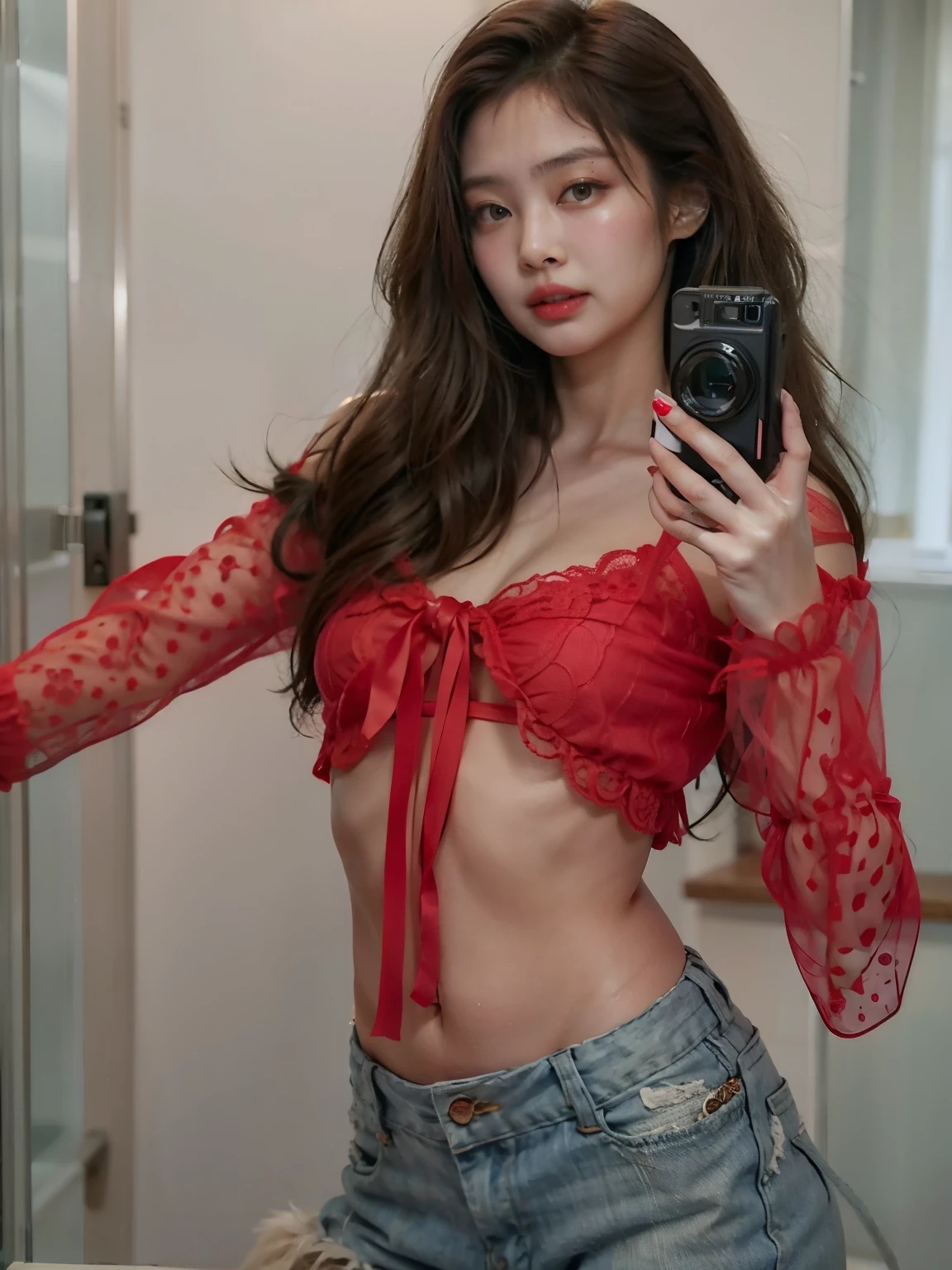 araffe woman taking a selfie in a mirror with a camera, red lace, red bra, instagram model, 2 4 year old female model, lacey, wearing a sexy cropped top, sexy girl, gorgeous lady, stunning model, gorgeous female, the extremely hot and sexy, 18 years old, topless, 2 , bralette