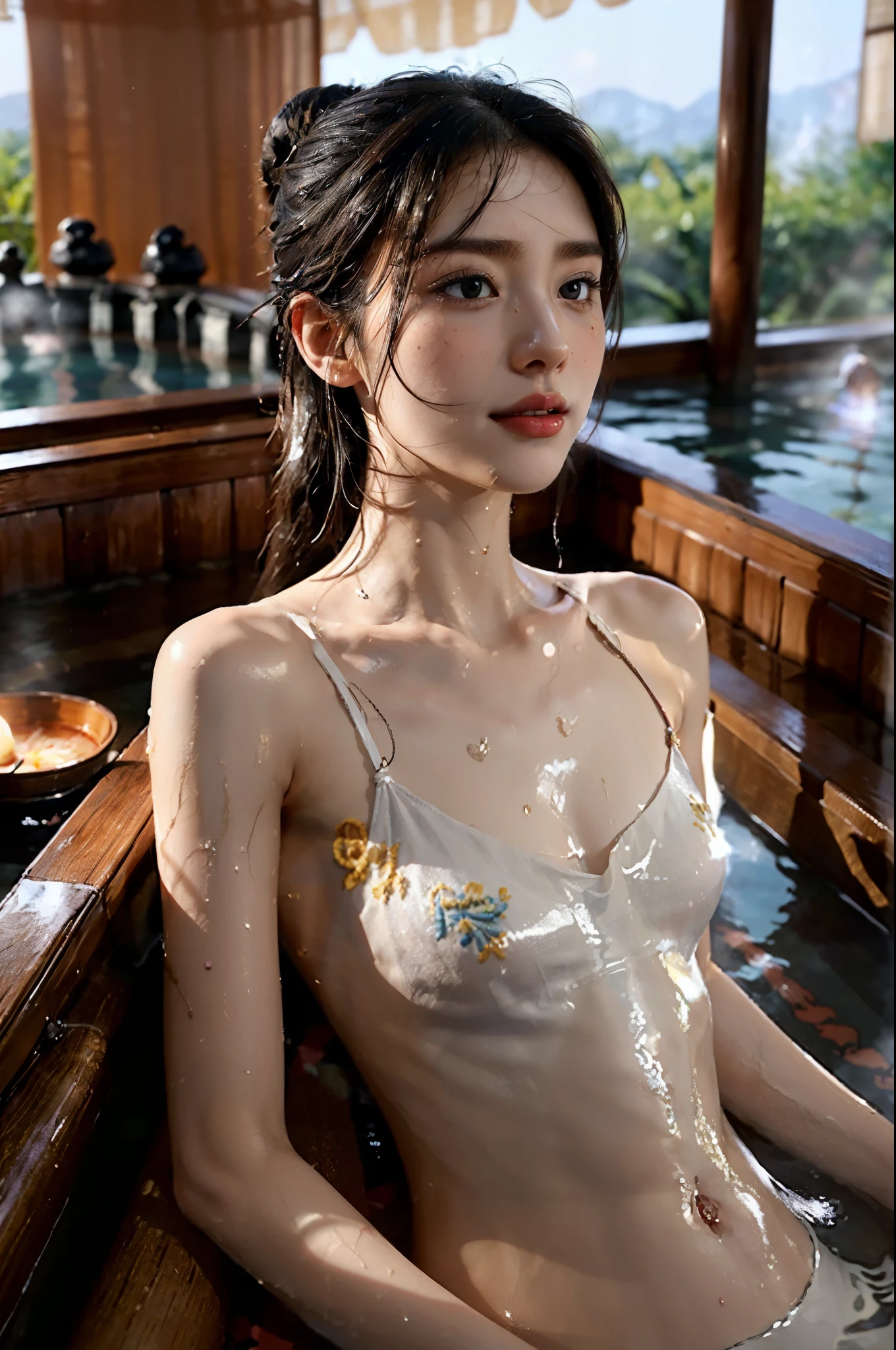 (Extremely meticulous CG),(((8k))),wallpaper,((Extremely refined and beautiful)),(((Masterpiece))),(((best qualtiy))),(((Ultra High Resolution))),beautiful light up,Perfect lightning,realistic shaded,(Smooth and flawless fair skin:1.5),Extremely exquisite facial details,ultra-detailed,1 girl,solo,(bun hair:1.2),(small head:1.2),(small face:1.2),Exquisite makeup,(shiny skin:1.5),(happy:1.2),(laughing:1.2),(perfect body:1.1),(small breasts:1.2),(flat chest:1.2),((slim,thin)),slender legs,(from front:1.2),(upper body:1.3),(cinematric light:1.2),(gorgeous exquisitely embroidered red breasts curtains:1.5),(Sweat:1.5),Slouching,(((outdoor))),Chinese Palace,(bathing at hot onsen:1.5),hot steam,(plum blossom),incredibly ridiculous, incredibly fine illustrations,in a big outdoor hot spring garden, ((hide invisible body with the reflection of hot water)), ((soaking up to the shoulders)), hot flashes, nudity, steaming, ,((whole body below the neck soaking in hot water)),(winter:1.2)