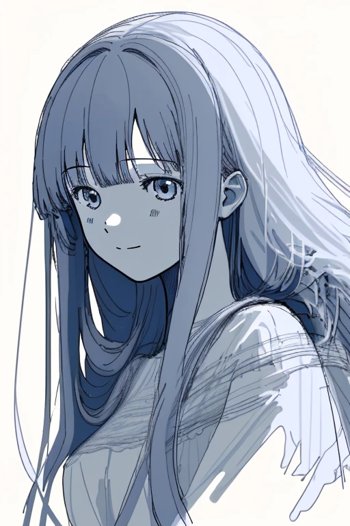 1girl, 😄, upper body, close-up Face, long hair, Each hair is fine and delicate, very rough sketch, Thin line, Roughly and roughly drawn illustrations, masterpiece, best quality, highres, White background,