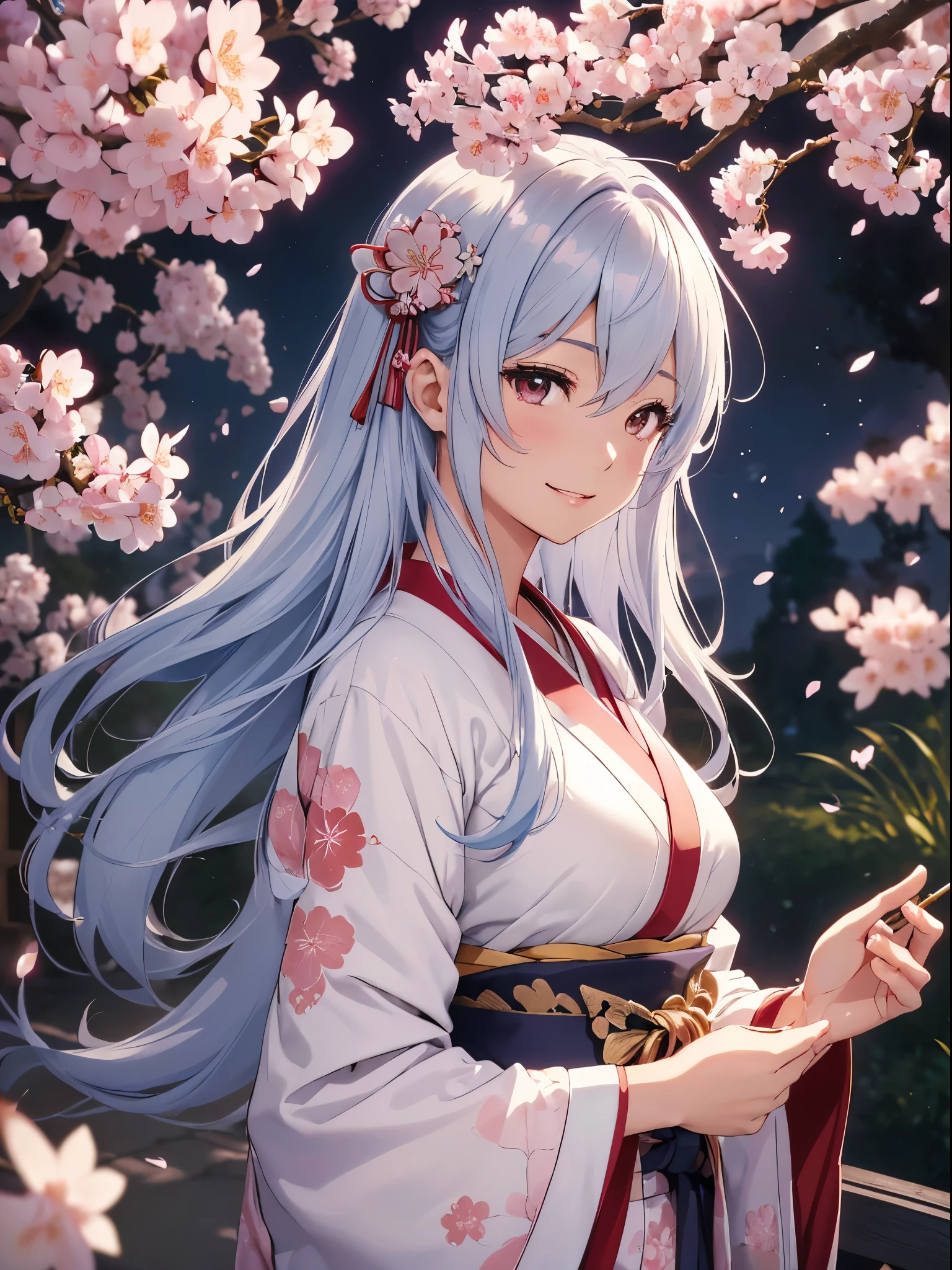 highest quality、Highest image quality、masterpiece、gravure shot、full body japanese kimono、Kimono with cherry blossom pattern on black background、model pose、Heian period、Heian-kyo、Japan Palace、beautiful桜の装飾、、Super beautiful beauty((22 years old OL big bust、bust 100,アイロンのかかったbeautiful長い髪、silver hair、Height: 165cm、slender、part your hair、Hairpin、Japanese fan、fan、backgroundstarrysky、Close-up、Esbian、beautifulハイクオリティ、beautifulアート、)muste piece、visual art、Depth of bounds written、、friendly smile、gentle light、、skin-friendly、ティッカーbeautiful装飾的な、Big cherry tree、Buried in the cherry blossoms、a lot of cherry blossom、cherry blossom petals、Falling cherry blossoms、Wind、、mystical、background(Cherry blossoms fill the screen)beautiful、、friendly smile、こちらを見つめるbeautiful瞳、Beautiful、beautiful手、refreshing、Full of confidence、hall々I am doing、magic light、paper lanterns、Fujiko Mine、shrine、cherry blossom、Japanese culture、Japanese art、Ukiyo-e、Kano school、Japanese ART.金屏Wind、night、starry sky、Makie、gold foil、Alphonse Mucha、art nouveau SakuraFubuki、Kyoto、Sakura maze
、.UHD,cowboy shot1.9,、detailed details、cowboyshot.、、super REALITY、model shot,、Hollywood Movies、UHD