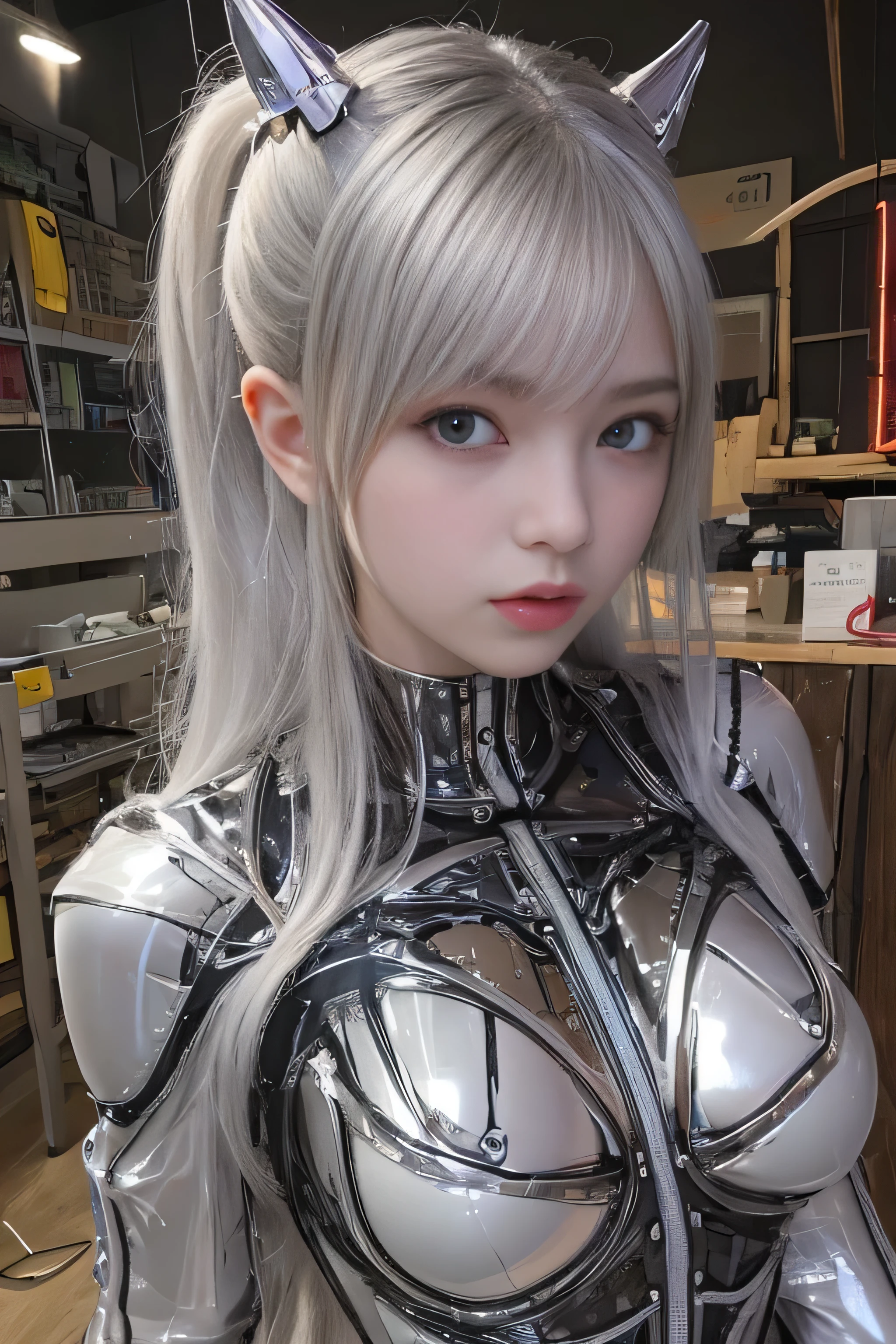 highest quality、masterpiece、ultra high resolution、(Photoreal:1.4)、RAW photo、1 girl、black hair、(((Colorless transparent latex in the shape of a gorgeous woman forming the body:1.4)))、(((rawhide:1.4)))、(((Large silver plated metal nipples:1.4)))、(hard erect nipples:1.4), (nipples facing upwards:1.4), (swollen nipples:1.4), (((Silver mirrored metal bones seen through latex):1.4)、((Super realistic details))、portrait、global illumination、Shadow、octane rendering、8K quality、super sharp、((All mechanical metals are mirror silver plated.:1.4))、white mechanical skeleton、ink、very intricate details、realistic light、Trends in CG society、purple eyes、shining eyes、towards the camera、neon details、(Mechanical ribs)、mechanical spine、sit on top、Wires and cables connecting to the head、gundam、small led lamp、(purple lighting from behind:1.2)、