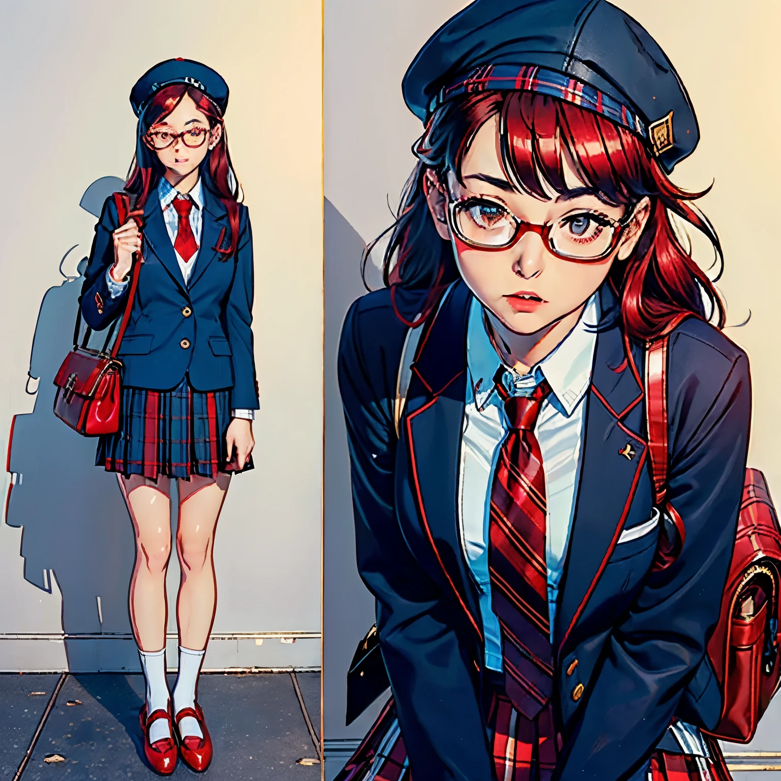 top-quality masterpiece, Girl in high school uniform,
(Realistic: 1.5), (Detailed: 1.6),
(Red and plaid: 1.4), (Navy blazer: 1.3),
(Pleated skirt: 1.35), (Tie: 1.2),
(High resolution: 1.2), (Hyper-realistic: 1.3),
(School bag: 1.3), (Newsboy cap: 1.2), (Glasses case: 1.1),
(Shiny pumps: 1.3), (Socks rolled at the