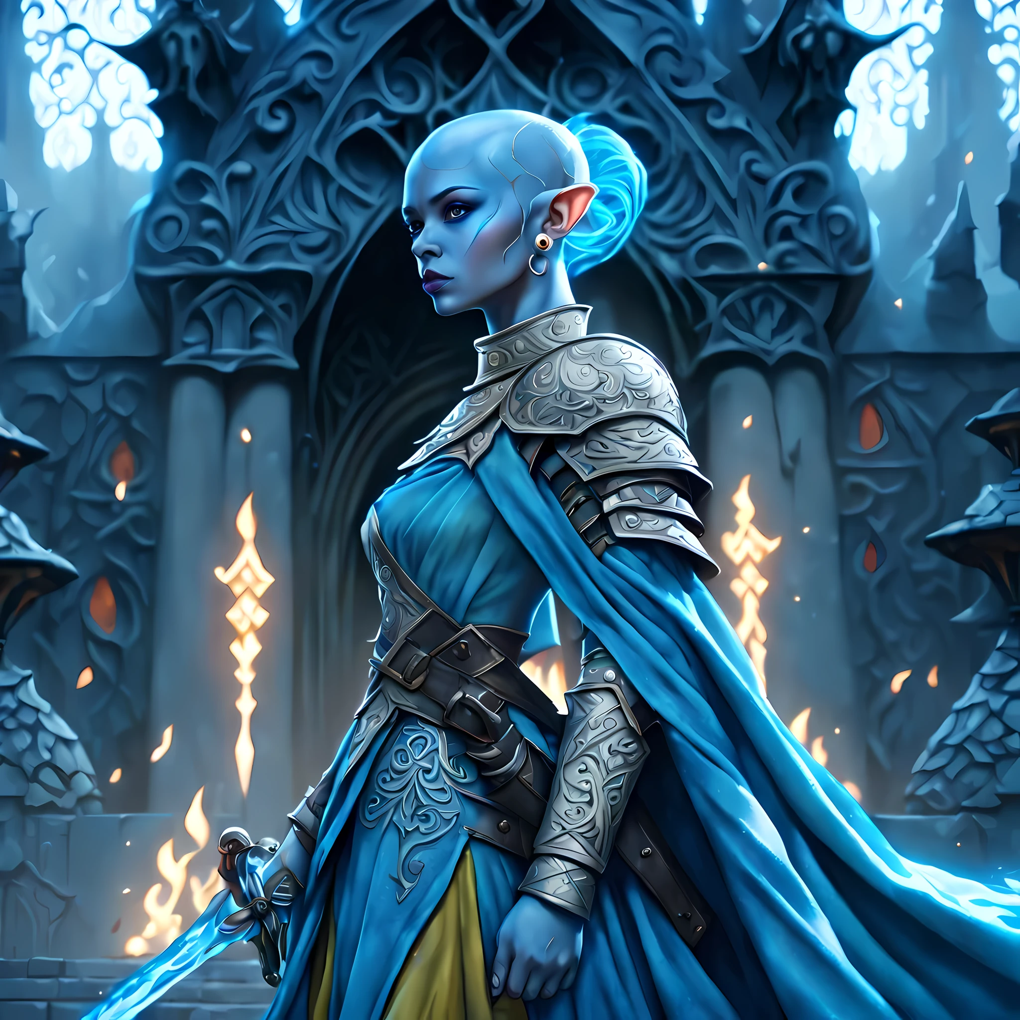 fantasy art, dnd art, RPG art, wide shot, (masterpiece: 1.4) a (portrait: 1.3) intense details, highly detailed, photorealistic, best quality, highres, portrait a female (fantasy art, Masterpiece, best quality: 1.3) ((blue skin: 1.5)), intense details facial details, exquisite beauty, (fantasy art, Masterpiece, best quality) cleric, (blue: 1.3) skinned female, white hair, long hair, (hair hides ears: 1.5), (green: 1.3) eye, fantasy art, Masterpiece, best quality) armed a fiery sword red fire, wearing heavy (white: 1.3) half plate mail armor, wearing high heeled laced boots, wearing an(orange :1.3) cloak, wearing glowing holy symbol GlowingRunes_yellow, within fantasy temple background, reflection light, high details, best quality, 16k, [ultra detailed], masterpiece, best quality, (extremely detailed), close up, ultra wide shot, photorealistic, RAW, fantasy art, dnd art, fantasy art, realistic art,((best quality)), ((masterpiece)), (detailed), perfect face, 