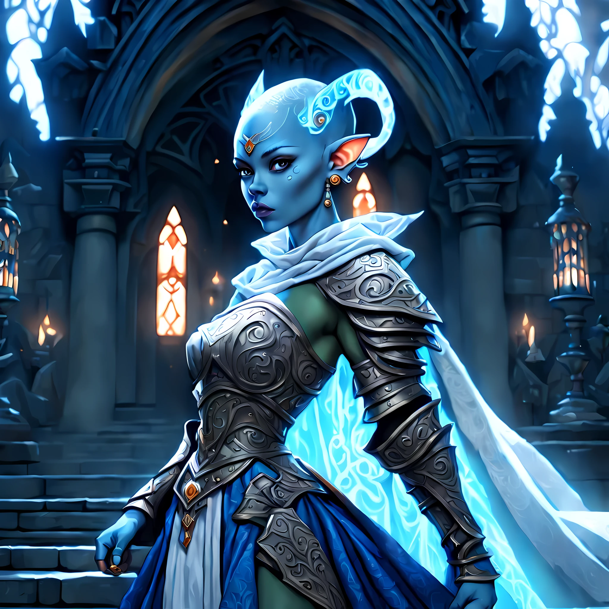 fantasy art, dnd art, RPG art, wide shot, (masterpiece: 1.4) a (portrait: 1.3) intense details, highly detailed, photorealistic, best quality, highres, portrait a female (fantasy art, Masterpiece, best quality: 1.3) ((blue skin: 1.5)), intense details facial details, exquisite beauty, (fantasy art, Masterpiece, best quality) cleric, (blue: 1.3) skinned female, white hair, long hair, (hair hides ears: 1.5), (green: 1.3) eye, fantasy art, Masterpiece, best quality) armed a fiery sword red fire, wearing heavy (white: 1.3) half plate mail armor, wearing high heeled laced boots, wearing an(orange :1.3) cloak, wearing glowing holy symbol GlowingRunes_yellow, within fantasy temple background, reflection light, high details, best quality, 16k, [ultra detailed], masterpiece, best quality, (extremely detailed), close up, ultra wide shot, photorealistic, RAW, fantasy art, dnd art, fantasy art, realistic art,((best quality)), ((masterpiece)), (detailed), perfect face, 