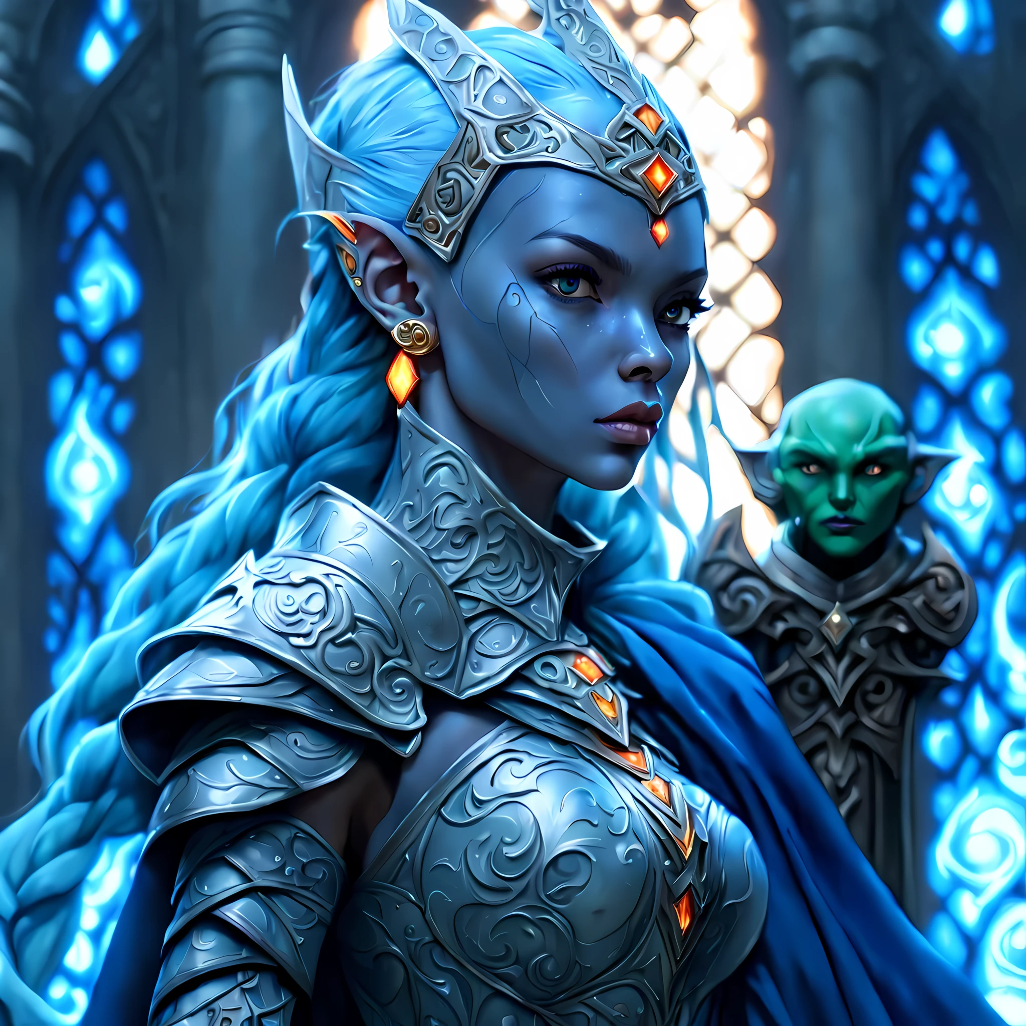 fantasy art, dnd art, RPG art, wide shot, (masterpiece: 1.4) a (portrait: 1.3) intense details, highly detailed, photorealistic, best quality, highres, portrait a female (fantasy art, Masterpiece, best quality: 1.3) ((blue skin: 1.5)), intense details facial details, exquisite beauty, (fantasy art, Masterpiece, best quality) cleric, (blue: 1.3) skinned female bald head, no ears, (green: 1.3) eye, fantasy art, Masterpiece, best quality) armed a fiery sword red fire, wearing heavy (white: 1.3) half plate mail armor, wearing high heeled laced boots, wearing an(orange :1.3) cloak, wearing glowing holy symbol GlowingRunes_yellow, within fantasy temple background, reflection light, high details, best quality, 16k, [ultra detailed], masterpiece, best quality, (extremely detailed), close up, ultra wide shot, photorealistic, RAW, fantasy art, dnd art, fantasy art, realistic art,((best quality)), ((masterpiece)), (detailed), perfect face, ((no ears: 1.6))