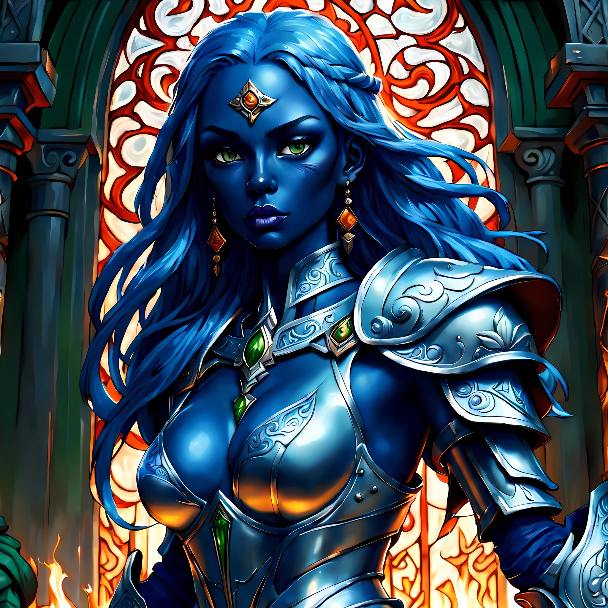 fantasy art, dnd art, RPG art, wide shot, (masterpiece: 1.4) a (portrait: 1.3) intense details, highly detailed, photorealistic, best quality, highres, portrait a female (fantasy art, Masterpiece, best quality: 1.3) ((blue skin: 1.5)), intense details facial details, exquisite beauty, (fantasy art, Masterpiece, best quality) cleric, (blue: 1.3) skinned female, white hair, long hair, (hair hides ears: 1.5), (green: 1.3) eye, fantasy art, Masterpiece, best quality) armed a fiery sword red fire, wearing heavy (white: 1.3) half plate mail armor, wearing high heeled laced boots, wearing an(orange :1.3) cloak, wearing glowing holy symbol GlowingRunes_yellow, within fantasy temple background, reflection light, high details, best quality, 16k, [ultra detailed], masterpiece, best quality, (extremely detailed), close up, ultra wide shot, photorealistic, RAW, fantasy art, dnd art, fantasy art, realistic art,((best quality)), ((masterpiece)), (detailed), perfect face, 