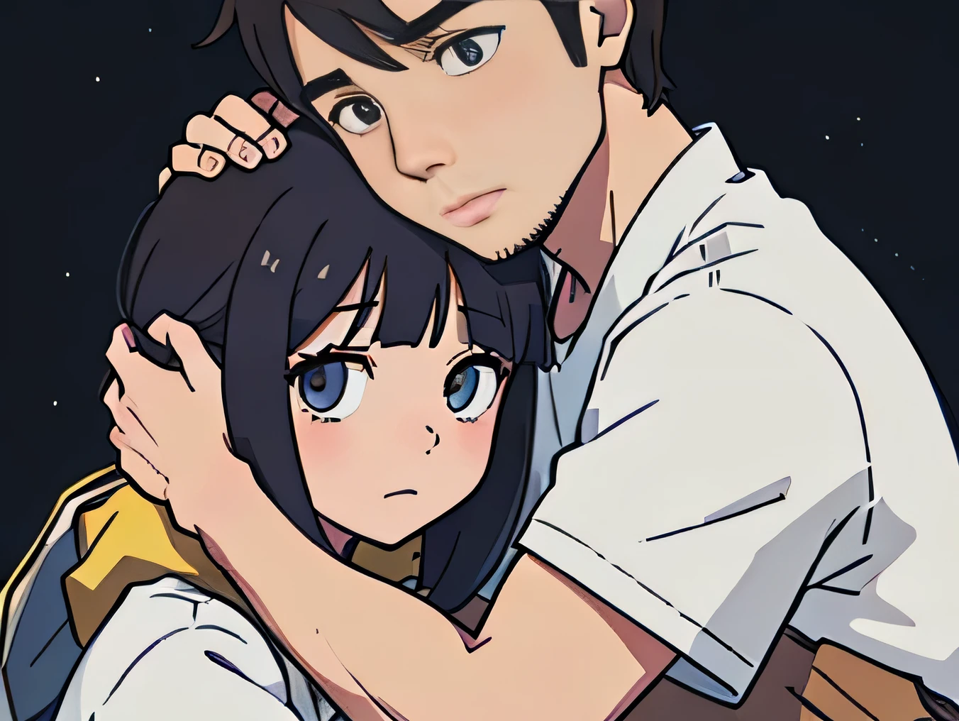 Perfect anime illustration, portrait of a girl wrapped her arms around a guys head, hugging him front view holding his head
