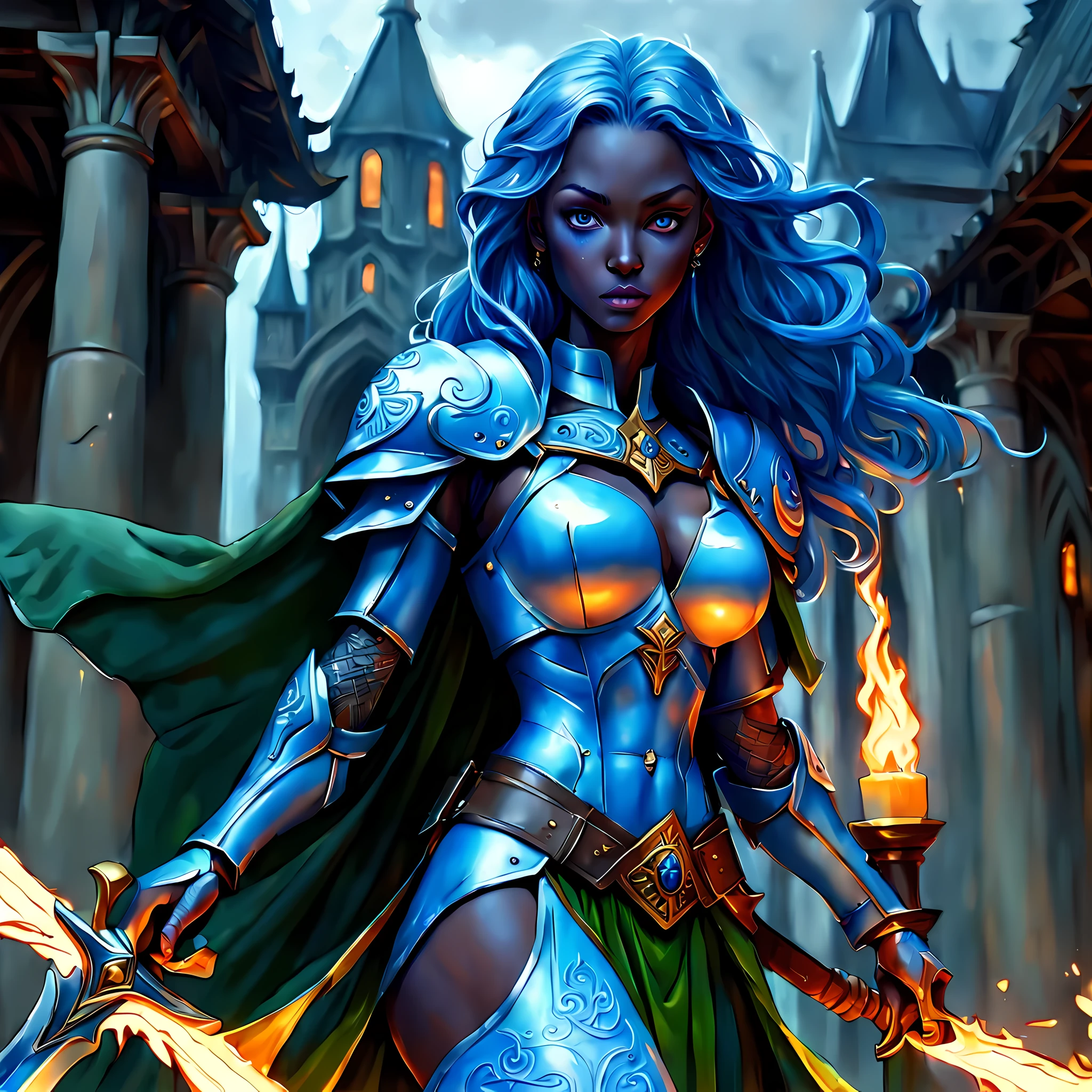 fantasy art, dnd art, RPG art, wide shot, (masterpiece: 1.4) a (portrait: 1.3) intense details, highly detailed, photorealistic, best quality, highres, portrait a female (fantasy art, Masterpiece, best quality: 1.3) ((blue skin: 1.5)), intense details facial details, exquisite beauty, (fantasy art, Masterpiece, best quality) cleric, (blue: 1.3) skinned female, white hair, long hair, (hair hides ears: 1.5), (green: 1.3) eye, fantasy art, Masterpiece, best quality) armed a fiery sword red fire, wearing heavy (white: 1.3) half plate mail armor, wearing high heeled laced boots, wearing an(orange :1.3) cloak, wearing glowing holy symbol GlowingRunes_yellow, within fantasy temple background, reflection light, high details, best quality, 16k, [ultra detailed], masterpiece, best quality, (extremely detailed), close up, ultra wide shot, photorealistic, RAW, fantasy art, dnd art, fantasy art, realistic art,((best quality)), ((masterpiece)), (detailed), perfect face, 