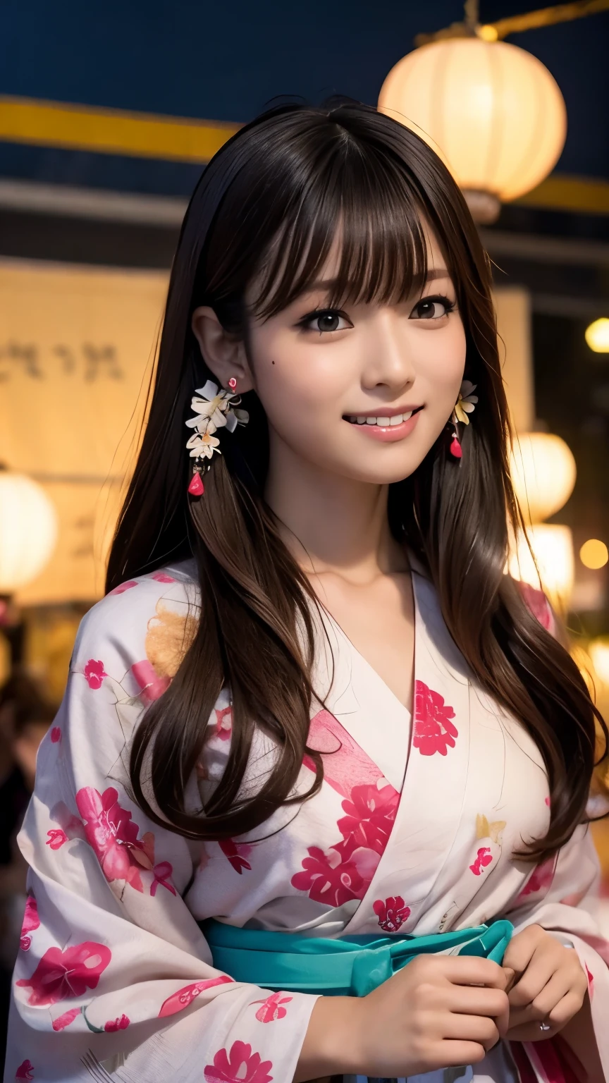 (Photoreal:1.4, 8K), highest quality, masterpiece, ultra high resolution, perfect dynamic composition, big face, round face, (black hair, bun hair), Highly detailed skin and facial textures:1.3, tanned skin:1.3, slender, perfect proportions, Detail of limbs,  Cute and sexy 22 year old Japanese woman, (completely enchants you:0.9), (japanese yukata:1.2、hair ornaments),  (gal makeup, eyeliner, mascara, lip gloss, distant eyes, Eyes that feel beautiful eros:0.85), sexy face:0.8, (closed mouth, small mouth, thick lips, A taste of beautiful eroticism:0.85), (Too cute beauty:0.9), (festival, Opening a store, night, paper lanterns, red noren, crowd, Cotton candy, ground), (walk), (Taken from above the front:1.5, look above:1.4), (cowboy shot), smile