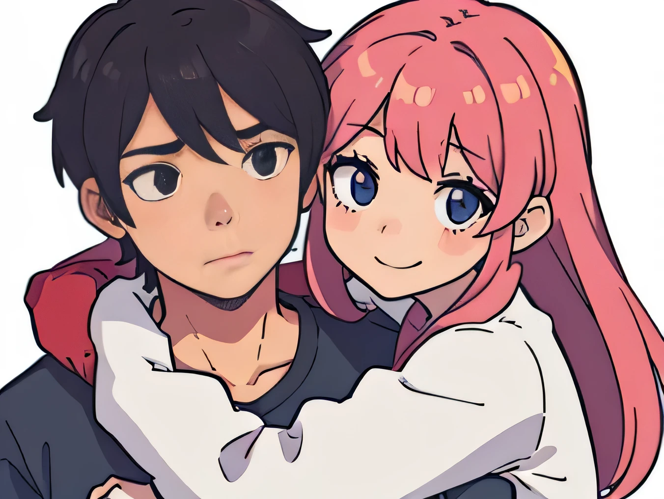Perfect anime illustration, portrait of a girl and a guy, girl is hugging the guy wrapped her arms around his head, front view