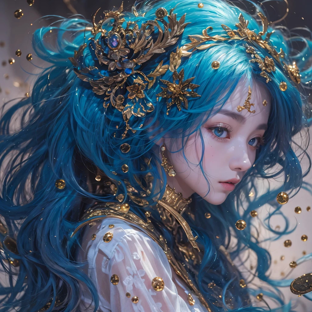 Yellow blue colors，enamel，agate，A flesh-colored world，Blood Blue Maiden 32k（masterpiece，HD，Aoyama Pond，超HD，32k）long flowing bright blue hair，blood pool，Ziddink， a color，grumpy （After greeting）， （Linen scarf）， fighting stance， looking at the ground， long white hair， Floating bright blue， Fire cloud gold headdress， Chinese long-sleeved gold silk burgundy garment， （Abstract metaverse splash：1.2）， White background，Peony flower vitality protector（realistically：1.4），bright purple hair，Smoke on the road，The background is very pure， high resolution， detail， RAW photos， Sharp Re， Nikon D850 film photo by Jefferies Lee 4 Kodak Portra 400 camera F1.6 guns, colorful, Ultra-realistic and vivid textures, dramatic lighting, Unreal Engine Art Station Trend, Sinest 800，一个有着long flowing bright blue hair的女孩，huge colorful bubbles