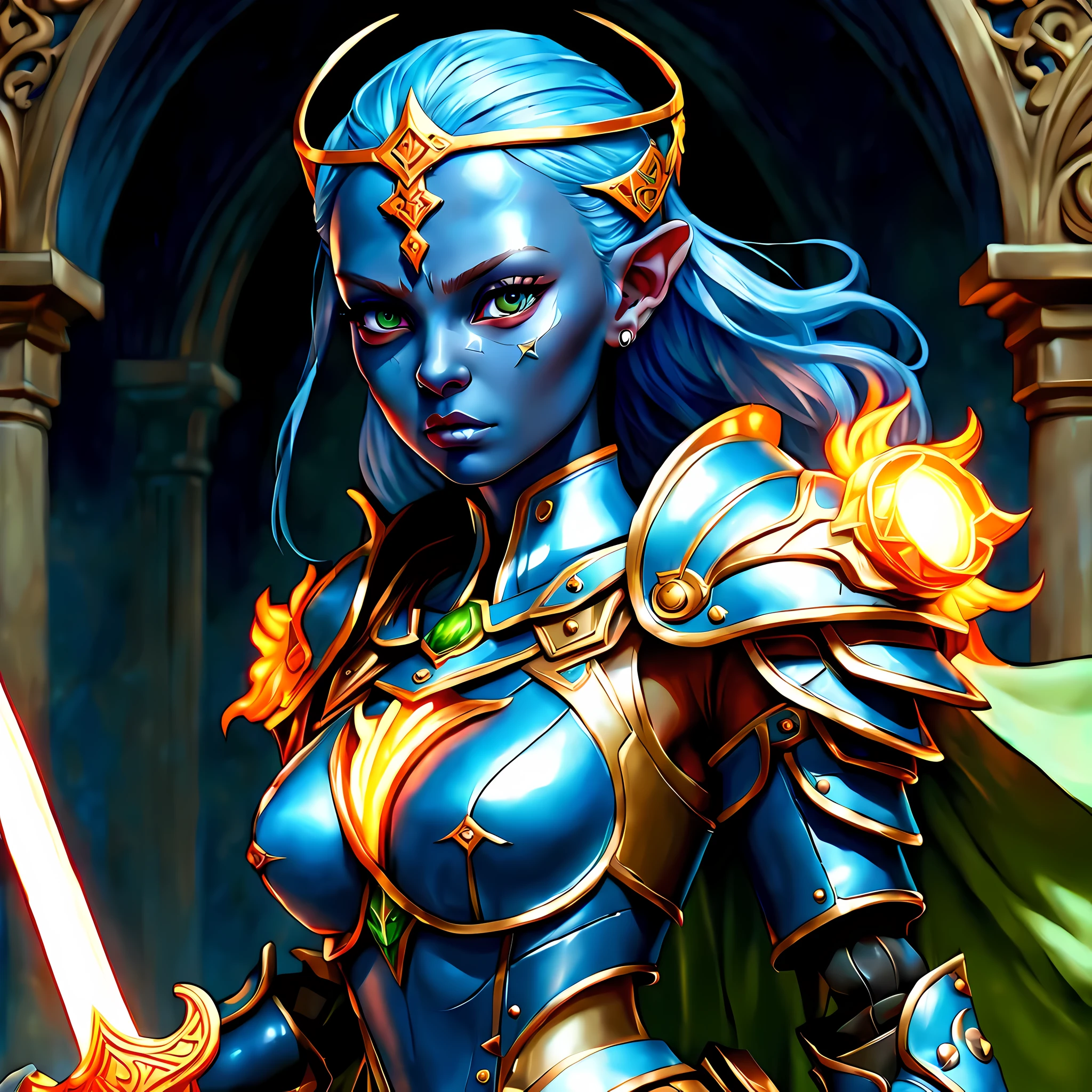 fantasy art, dnd art, RPG art, wide shot, (masterpiece: 1.4) a (portrait: 1.3) intense details, highly detailed, photorealistic, best quality, highres, portrait a female (fantasy art, Masterpiece, best quality: 1.3) ((blue skin: 1.5)), intense details facial details, exquisite beauty, (fantasy art, Masterpiece, best quality) cleric, (blue: 1.3) skinned female, white hair, long hair, (hair hides ears: 1.5), (green: 1.3) eye, fantasy art, Masterpiece, best quality) armed a fiery sword red fire, wearing heavy (white: 1.3) half plate mail armor, wearing high heeled laced boots, wearing an(orange :1.3) cloak, wearing glowing holy symbol GlowingRunes_yellow, within fantasy temple background, reflection light, high details, best quality, 16k, [ultra detailed], masterpiece, best quality, (extremely detailed), close up, ultra wide shot, photorealistic, RAW, fantasy art, dnd art, fantasy art, realistic art,((best quality)), ((masterpiece)), (detailed), perfect face, 