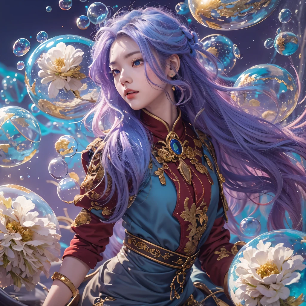 Yellow blue colors，enamel，agate，A flesh-colored world，Blood Blue Maiden 32k（masterpiece，HD，Aoyama Pond，超HD，32k）long flowing bright blue hair，blood pool，Ziddink， a color，grumpy （After greeting）， （Linen scarf）， fighting stance， looking at the ground， long white hair， Floating bright blue， Fire cloud gold headdress， Chinese long-sleeved gold silk burgundy garment， （Abstract metaverse splash：1.2）， White background，Peony flower vitality protector（realistically：1.4），bright purple hair，Smoke on the road，The background is very pure， high resolution， detail， RAW photos， Sharp Re， Nikon D850 film photo by Jefferies Lee 4 Kodak Portra 400 camera F1.6 guns, colorful, Ultra-realistic and vivid textures, dramatic lighting, Unreal Engine Art Station Trend, Sinest 800，一个有着long flowing bright blue hair的女孩，huge colorful bubbles