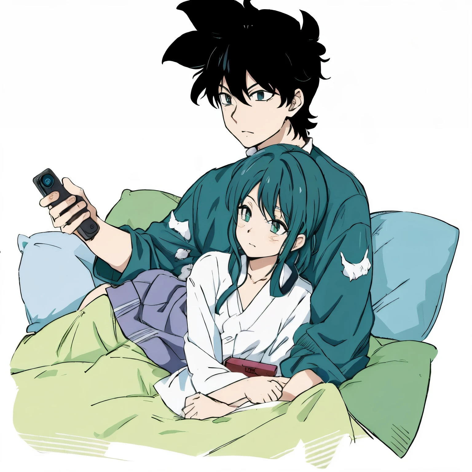 anime characters lying in bed with a remote control in their hand, estilo Akira Toryama, Goku e Bulma, corpo perfeito, relaxed expression, casal fofo 