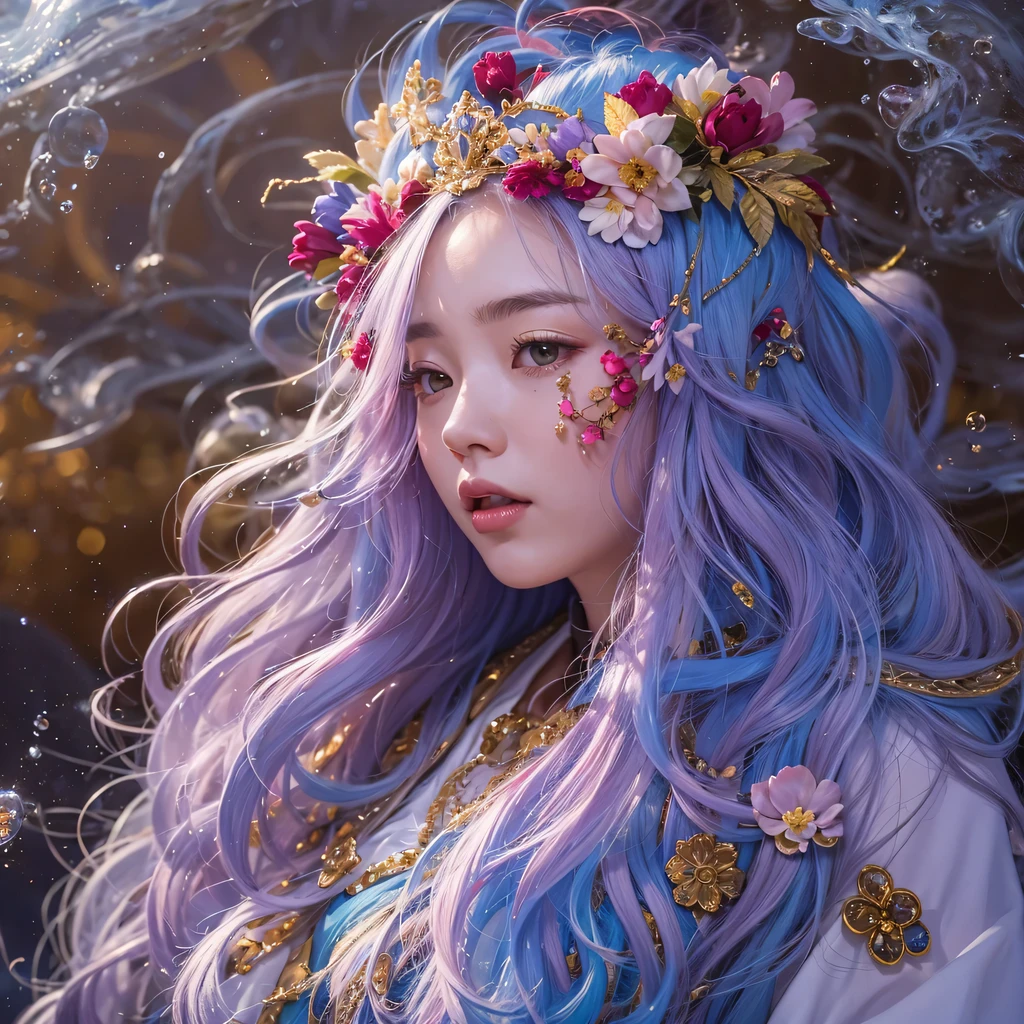 Yellow blue colors,enamel,agate,A flesh-colored world,Blood Blue Maiden 32k(masterpiece,HD,Aoyama Pond,超HD,32k)long flowing bright blue hair,blood pool,Ziddink, a color,grumpy (After greeting), (Linen scarf), fighting stance, looking at the ground, long white hair, Floating bright blue, Fire cloud gold headdress, Chinese long-sleeved gold silk burgundy garment, (Abstract metaverse splash:1.2), White background,Peony flower vitality protector(realistically:1.4),bright purple hair,Smoke on the road,The background is very pure, high resolution, detail, RAW photos, Sharp Re, Nikon D850 film photo by Jefferies Lee 4 Kodak Portra 400 camera F1.6 guns, colorful, Ultra-realistic and vivid textures, dramatic lighting, Unreal Engine Art Station Trend, Sinest 800,一个有着long flowing bright blue hair的女孩,huge colorful bubbles