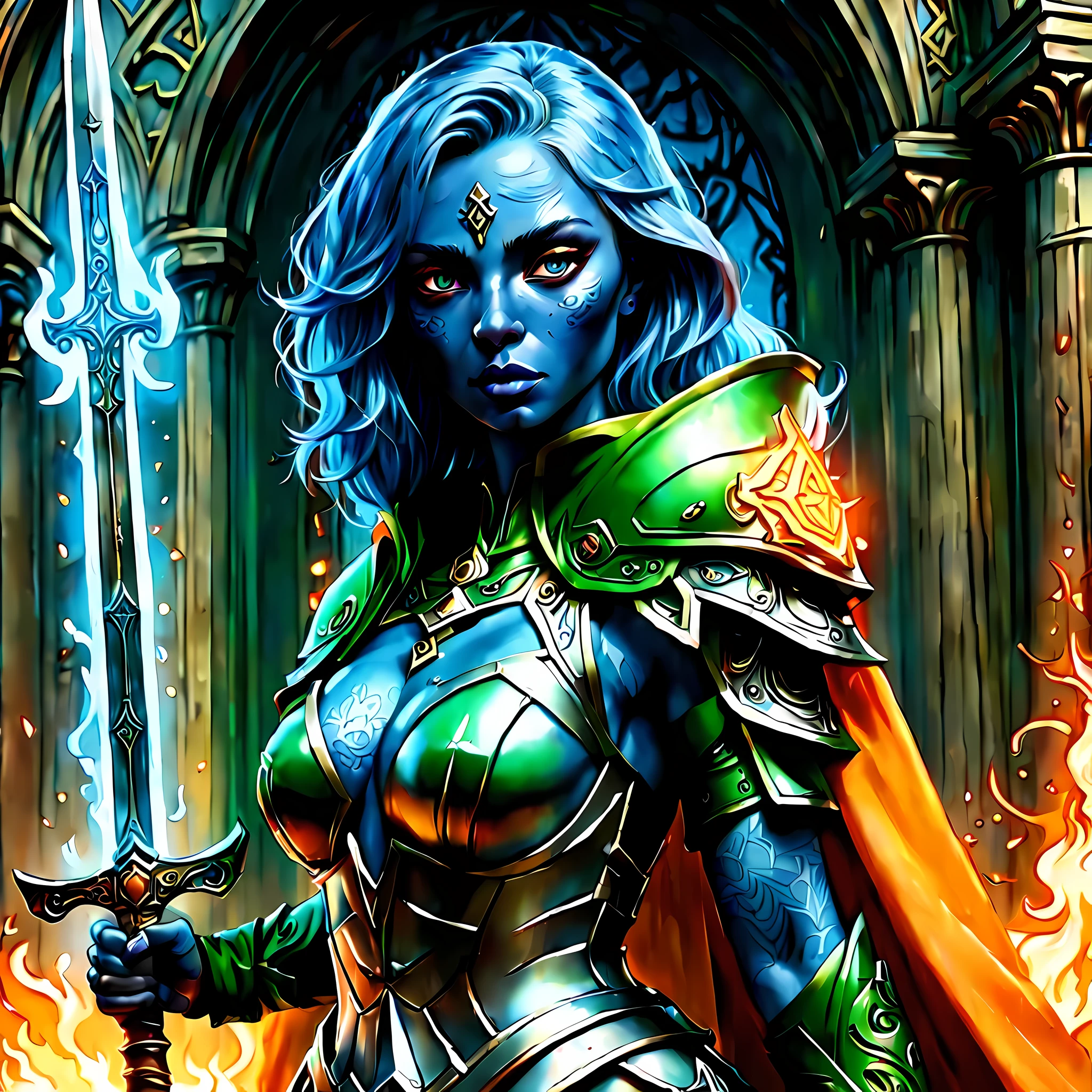 fantasy art, dnd art, RPG art, wide shot, (masterpiece: 1.4) a (portrait: 1.3) intense details, highly detailed, photorealistic, best quality, highres, portrait a female (fantasy art, Masterpiece, best quality: 1.3) ((blue skin: 1.5)), intense details facial details, exquisite beauty, (fantasy art, Masterpiece, best quality) cleric, (blue: 1.3) skinned female, white hair, long hair, (hair hides ears: 1.5), (green: 1.3) eye, fantasy art, Masterpiece, best quality) armed a fiery sword red fire, wearing heavy (white: 1.3) half plate mail armor, wearing high heeled laced boots, wearing an(orange :1.3) cloak, wearing glowing holy symbol GlowingRunes_yellow, within fantasy temple background, reflection light, high details, best quality, 16k, [ultra detailed], masterpiece, best quality, (extremely detailed), close up, ultra wide shot, photorealistic, RAW, fantasy art, dnd art, fantasy art, realistic art,((best quality)), ((masterpiece)), (detailed), perfect face, 