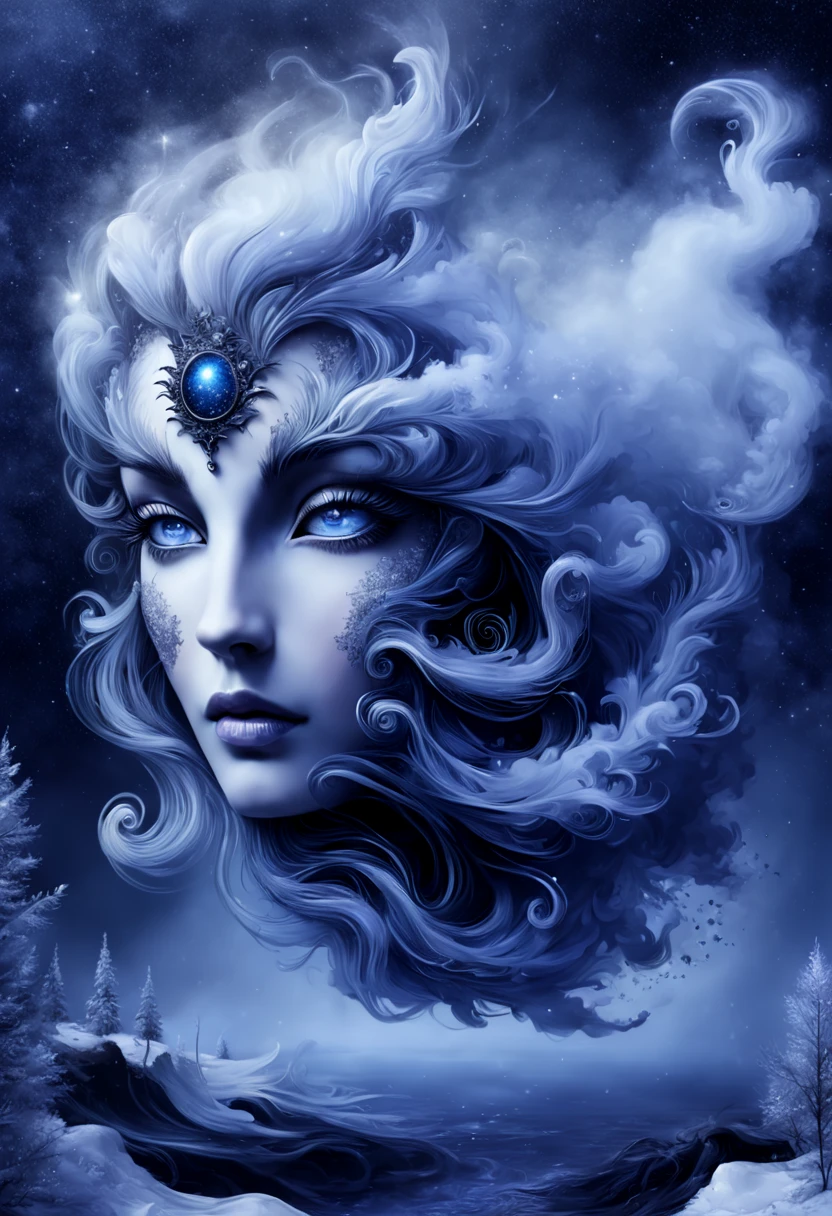 Beautiful girl ,realistic from the cover of a magazine 32 k horoscope zodiac Scorpio,stars,
stardust,высокое качество  professional photo,filigree,surrealism,
super detail,
30mm lens, 1/250s , f/2.8, ISO 100, a high resolution, high detail, soft lighting glitter,  flickering smoke,  16k,surrealism,careful drawing of details, volumetric watercolor, sharp outline,aesthetically pleasing,nor,professional photo,Realistic photo, incredibly beautiful winter landscape,dark botanical,dark fantasy, detailed, 
