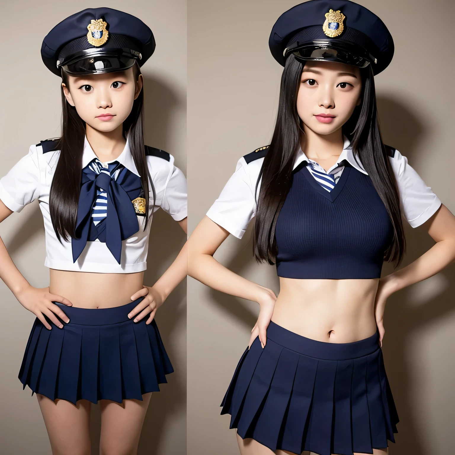 realistic pictures、Highest品質、ultra high resolution、Professional specifications、 ((((Elementary school girl standing with hands on hips))))、Inside the bookstore、Japanese school sailor suit、very short skirt、((police officer hat))、((look at the camera))、short sleeve、belly button、&#39;face、lolicon、Highest